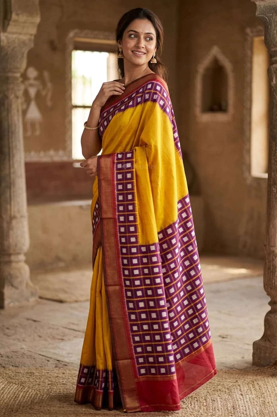 Yellow and Purple Ikat Silk Saree with Contrast Border and Woven Design. – Display Image