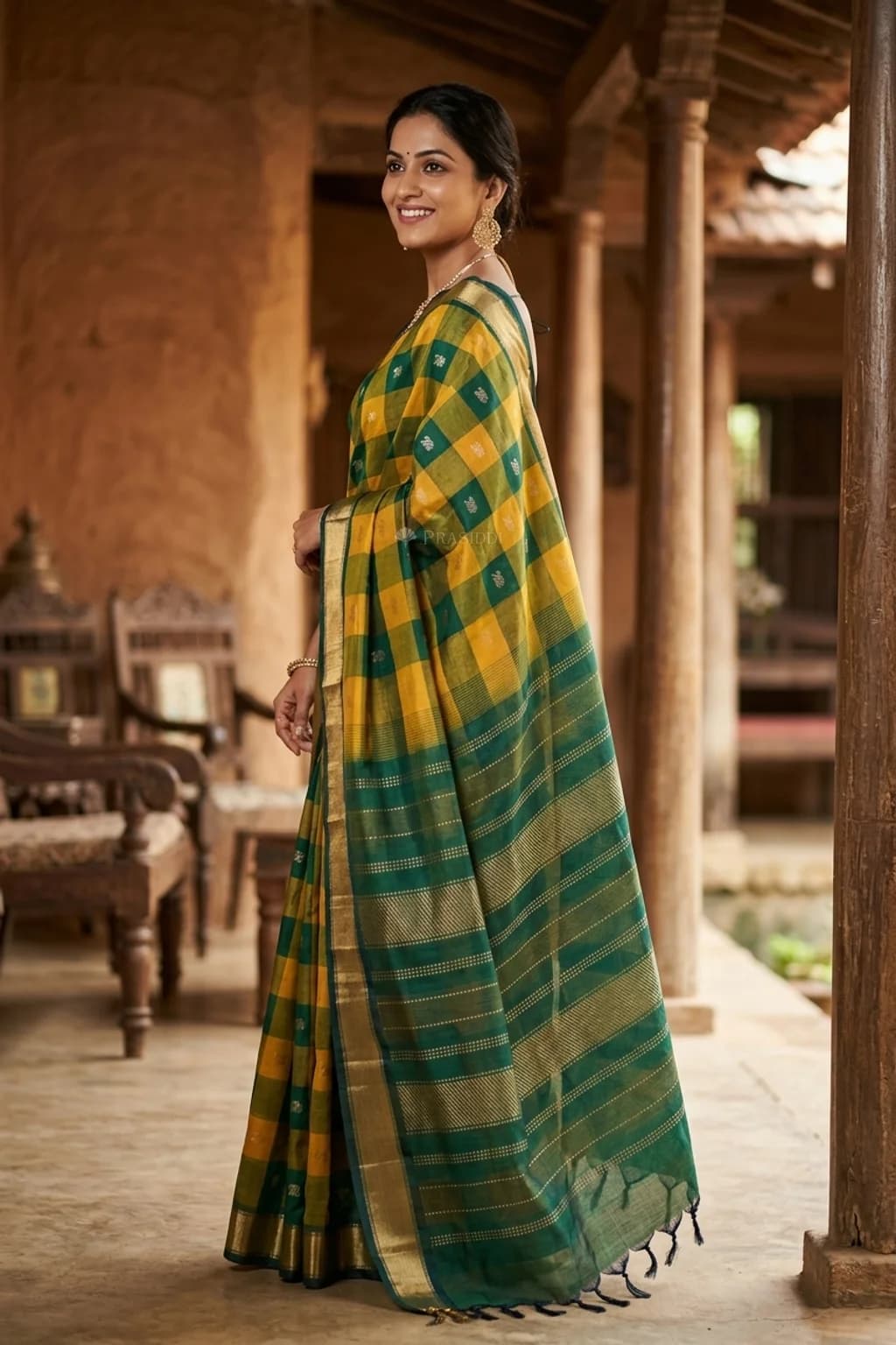 Yellow Green Pattur Silk Cotton Saree with Classical Border – Model Displaying Full Saree