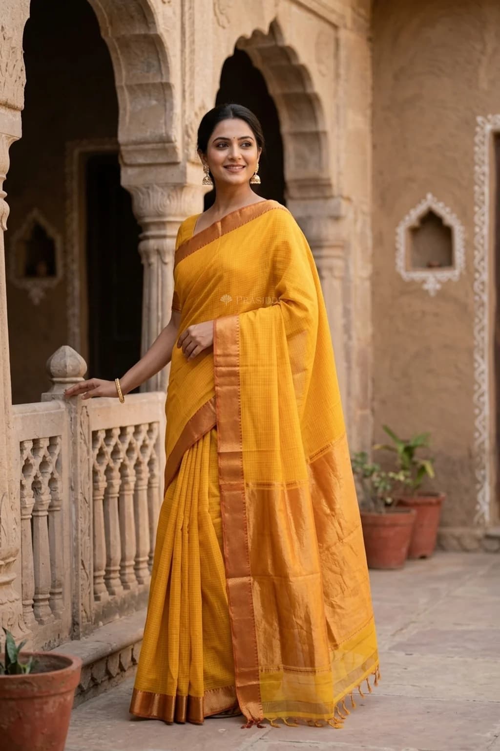 Yellow Mangalgiri Cotton Saree with Woven Work and Minimal Border – Model Displaying Full Saree