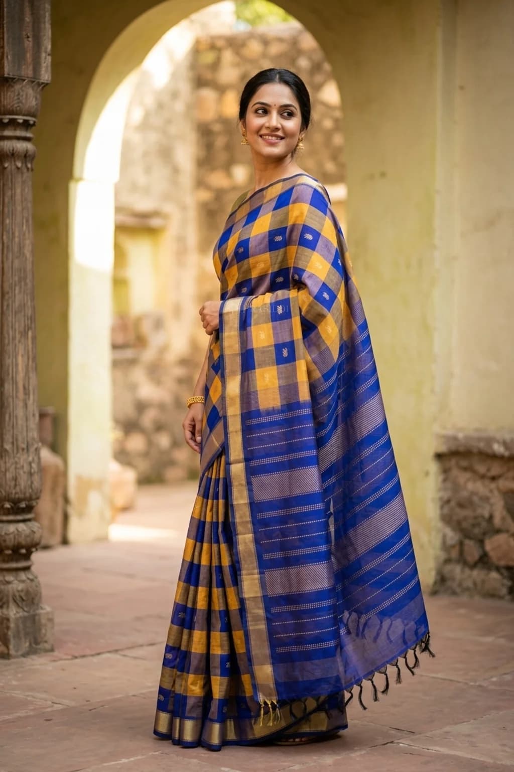 Yellow Pattur Silk Cotton Saree with Royal Blue Contrast Border – Model Displaying Full Saree