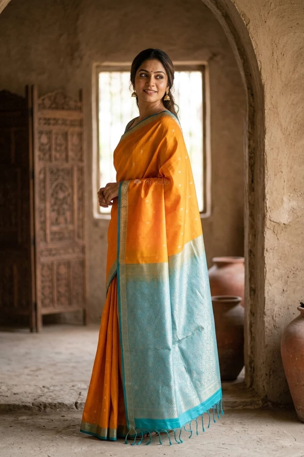 Yellow & Teal Soft Silk Saree with Woven Work and Butti Motifs and contrast border, contrast woven zari, classical border bo… – Model Displaying Full Saree