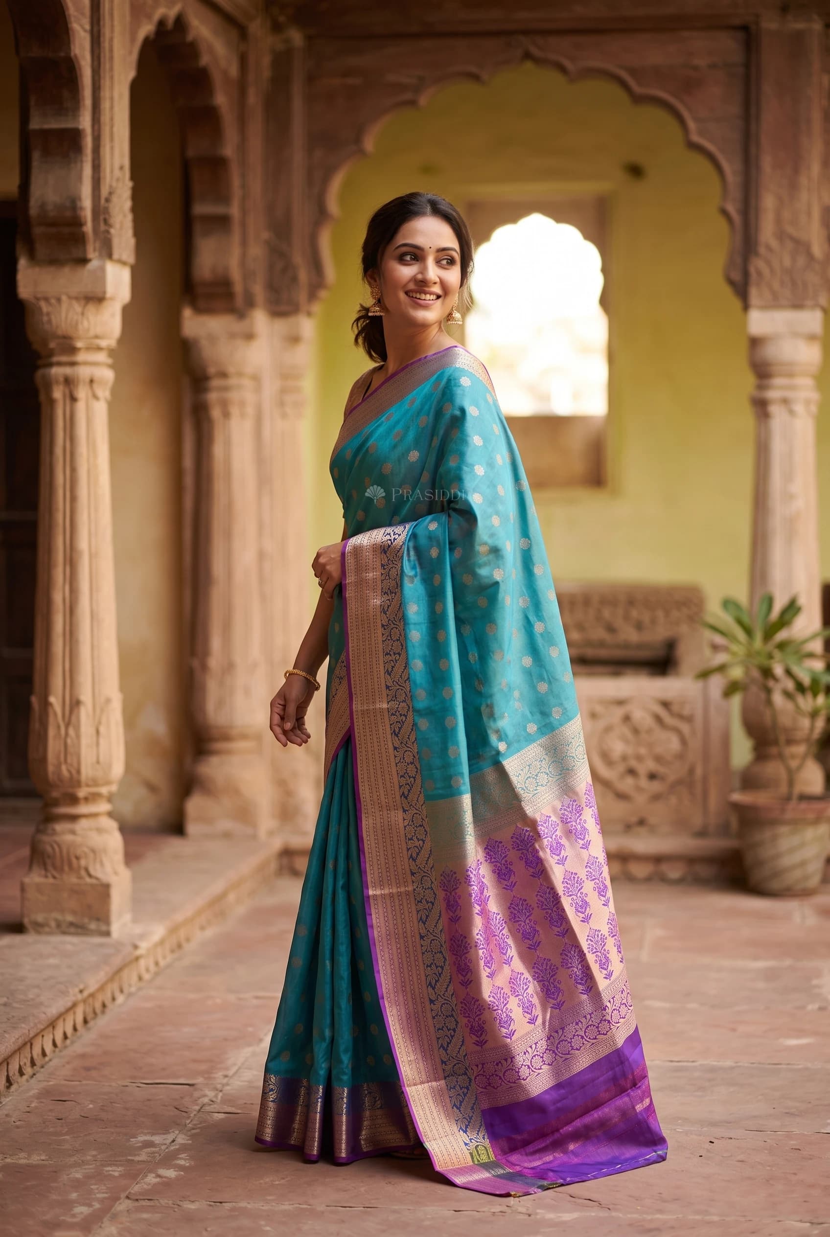 Blue and Lavender Traditional Silk Saree with Woven Zari Border. – Model Displaying Full Saree