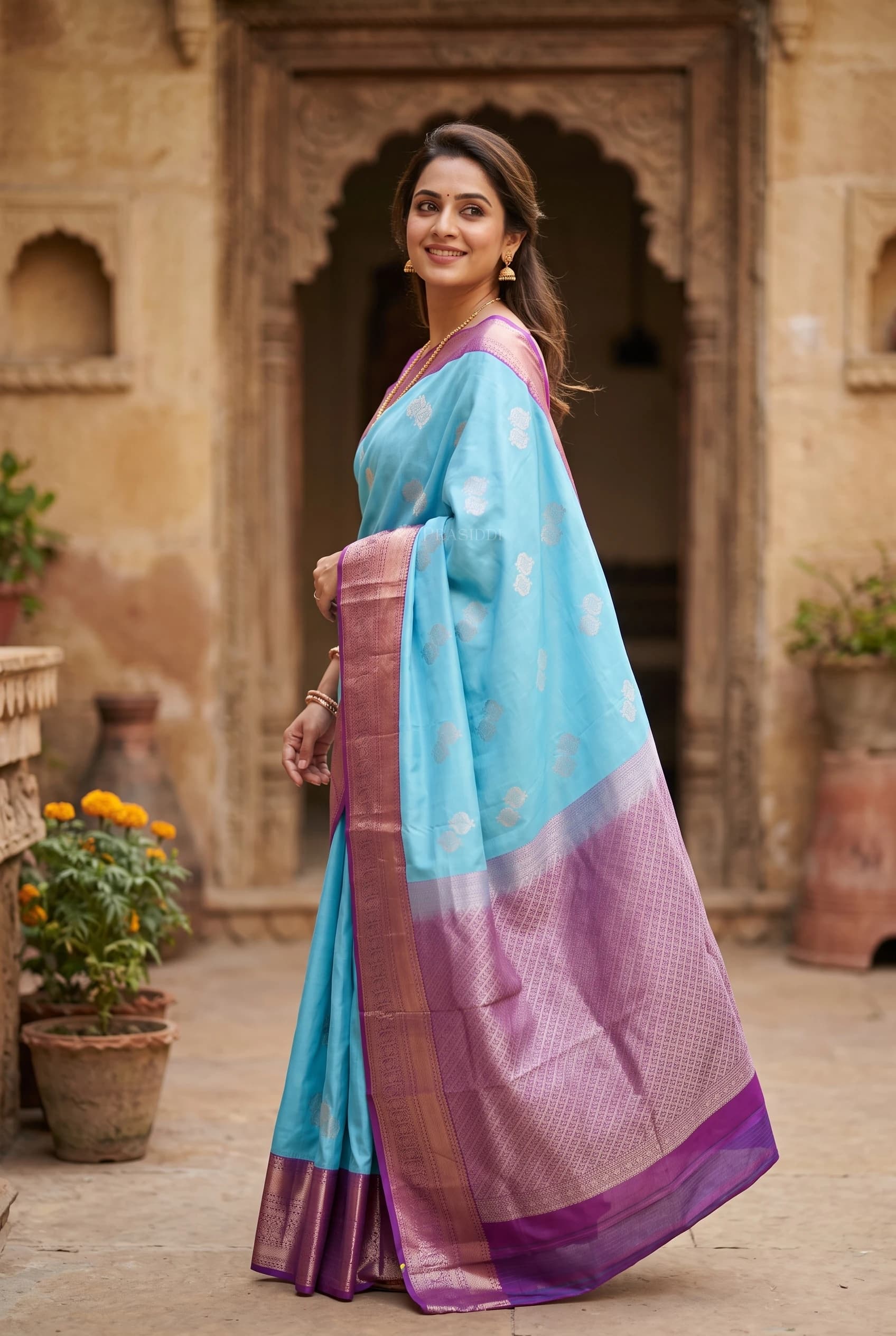 Blue and Plum Designer Silk Saree with Contrast Woven Zari Border. – Model Displaying Full Saree