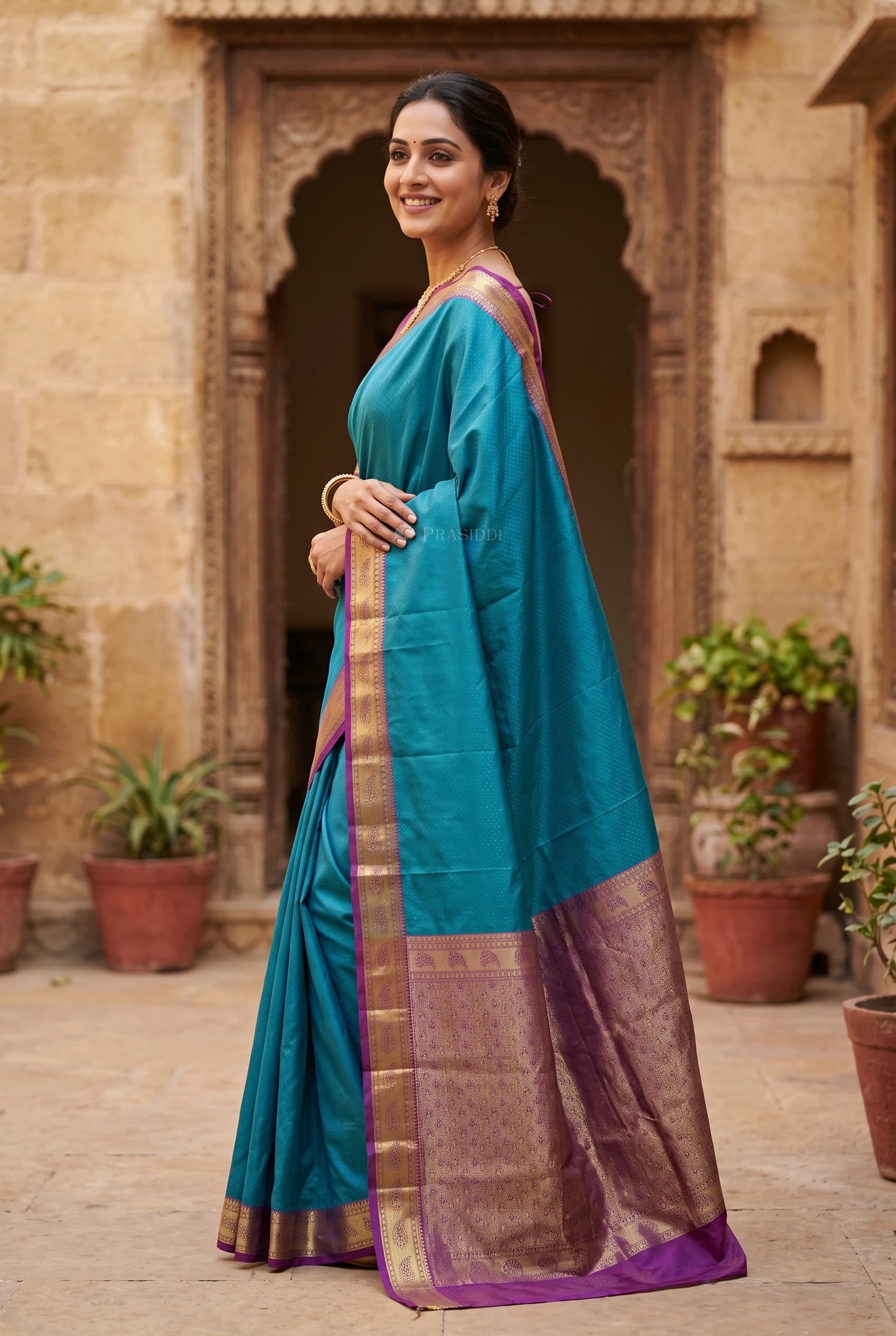 Blue and Purple Silk Saree with Contrast Woven Zari Border – Model Displaying Full Saree