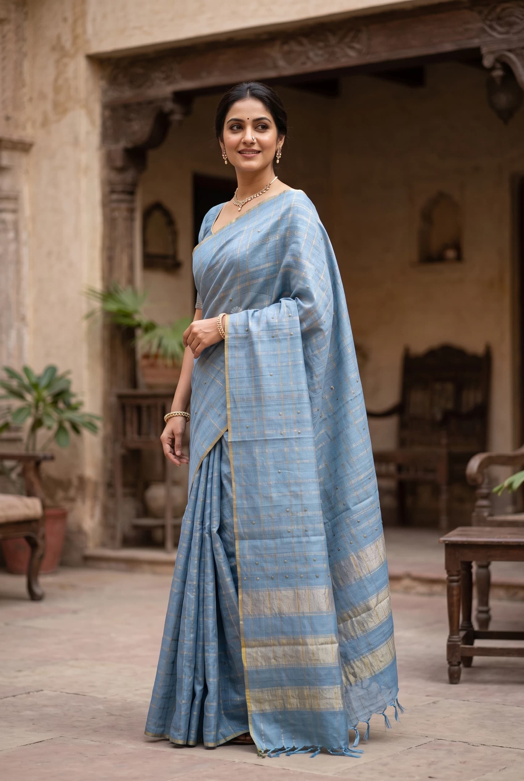 Blue Embroidered Tussar Silk Saree with Classical Border and Woven Design. – Model Displaying Full Saree