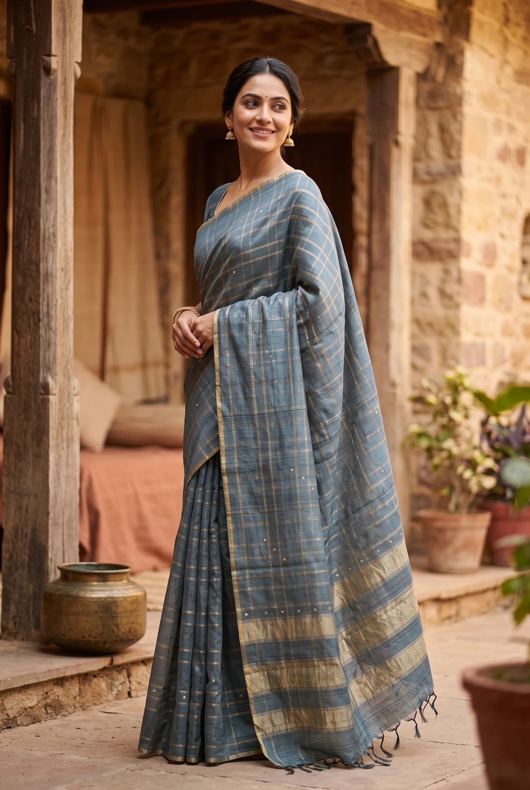 Bottle Green Embroidered Tussar Silk Saree with a Minimal Border and Woven Design. – Model Displaying Full Saree