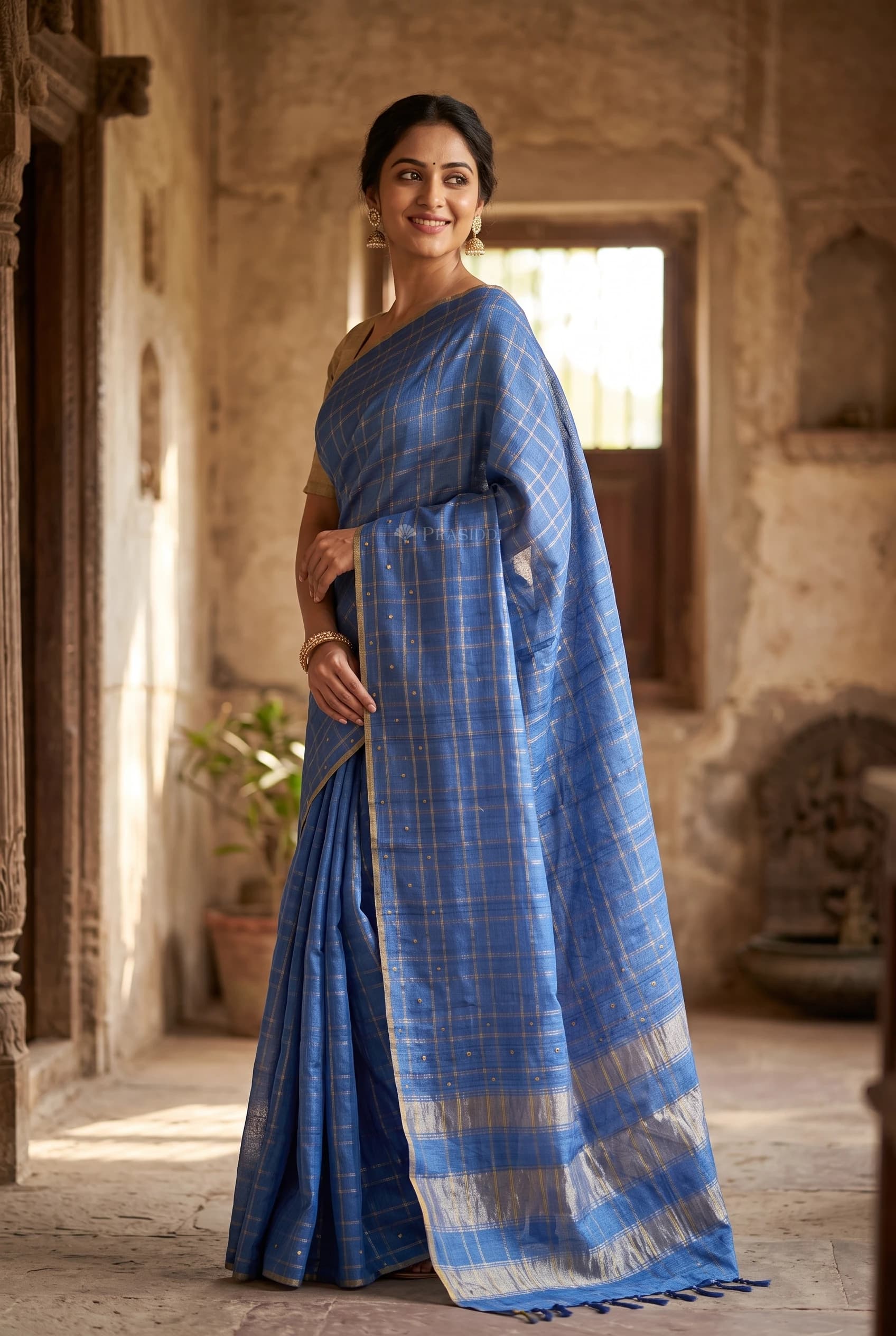 Cerulean Blue Embroidered Tussar Silk Saree with Contrast Border and Grand Pallu. – Model Displaying Full Saree