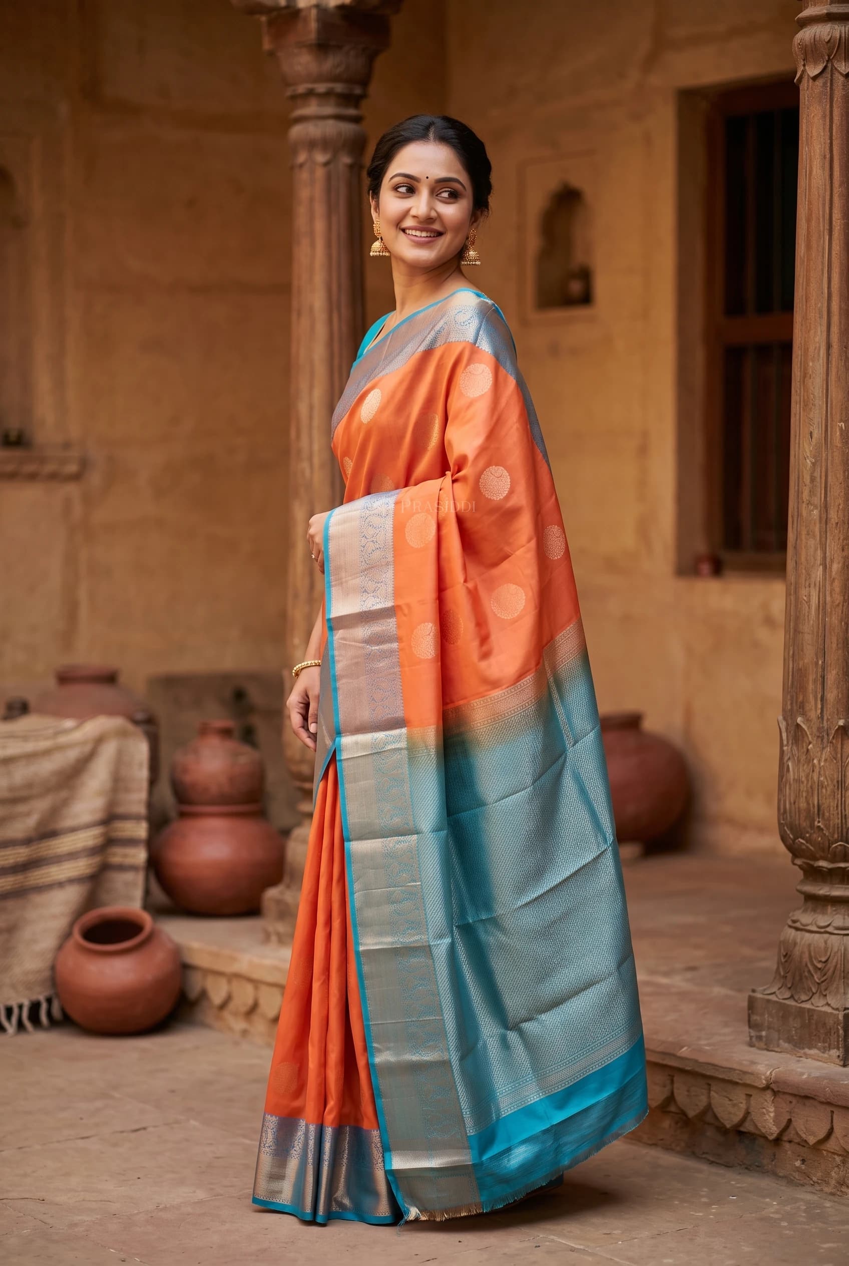 Coral and Sky Blue Traditional Silk Saree with Contrast Woven Zari Border – Model Displaying Full Saree