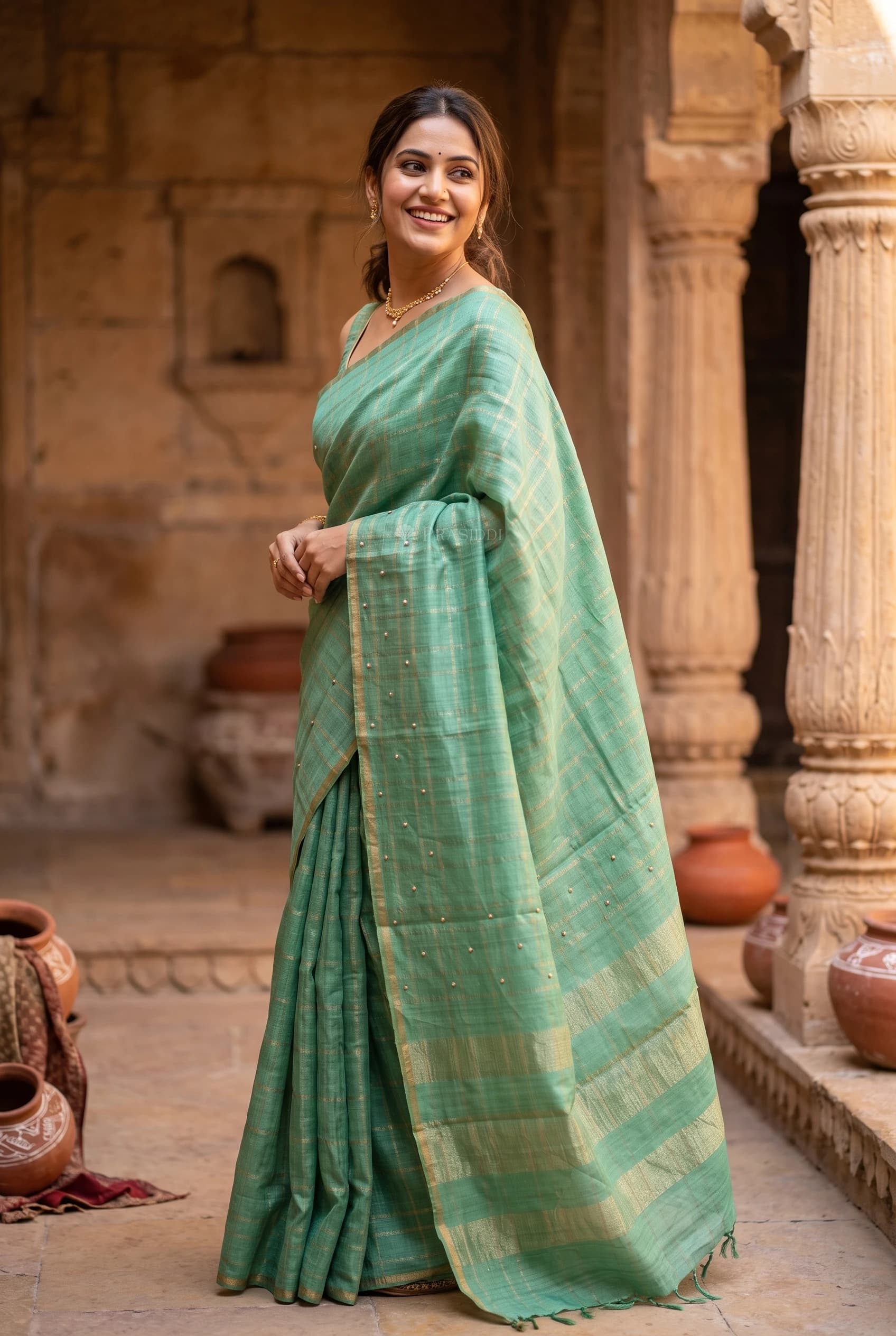 Green Embroidered Tussar Silk Saree with a Minimal Border and Woven Design. – Model Displaying Full Saree