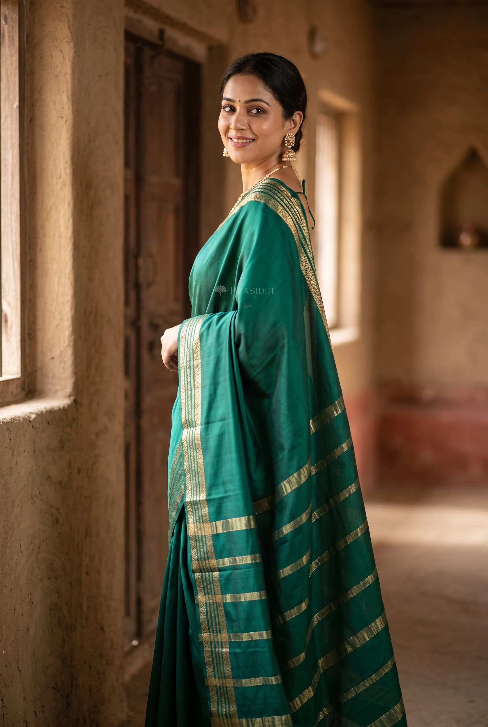 Green Mysore Silk Saree with Classical Border and Sparse Woven Design. – Model Displaying Full Saree