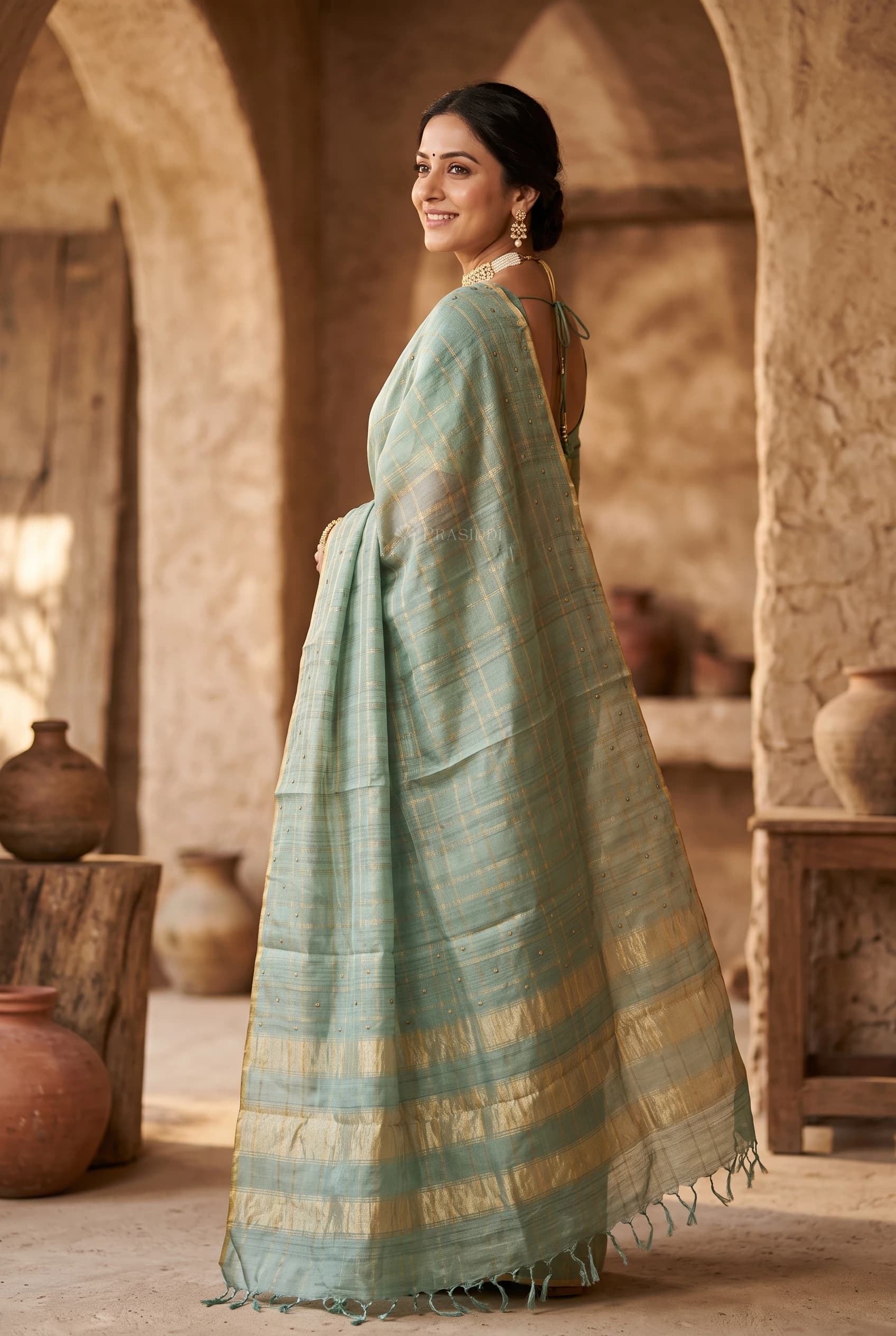 Light Teal Embroidered Tussar Silk Saree with Woven Work and Classical Border – Model Displaying Full Saree