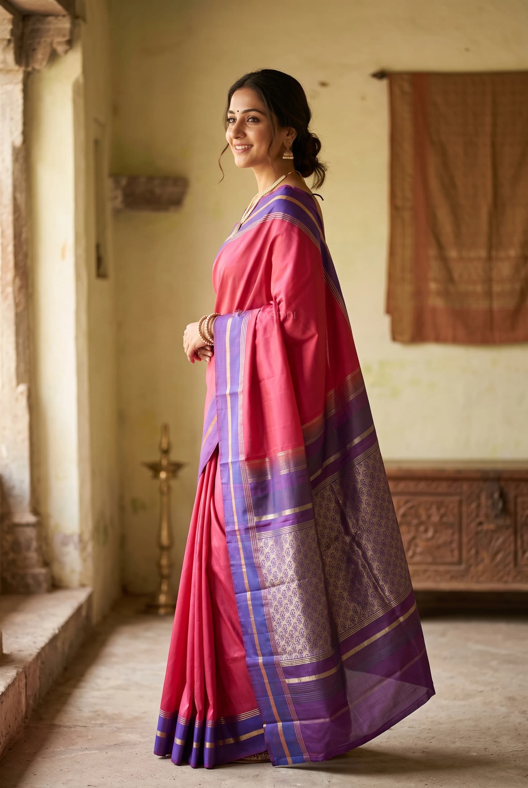 Magenta and Royal Blue Contrast Border Silk Saree Displayed Elegantly – Model Displaying Full Saree