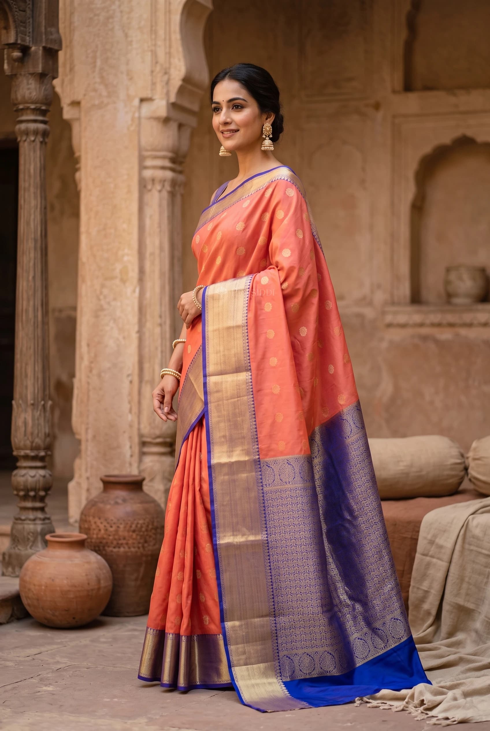 Orange and Blue Silk Saree with a Contrast Border and Grand Pallu. – Model Displaying Full Saree