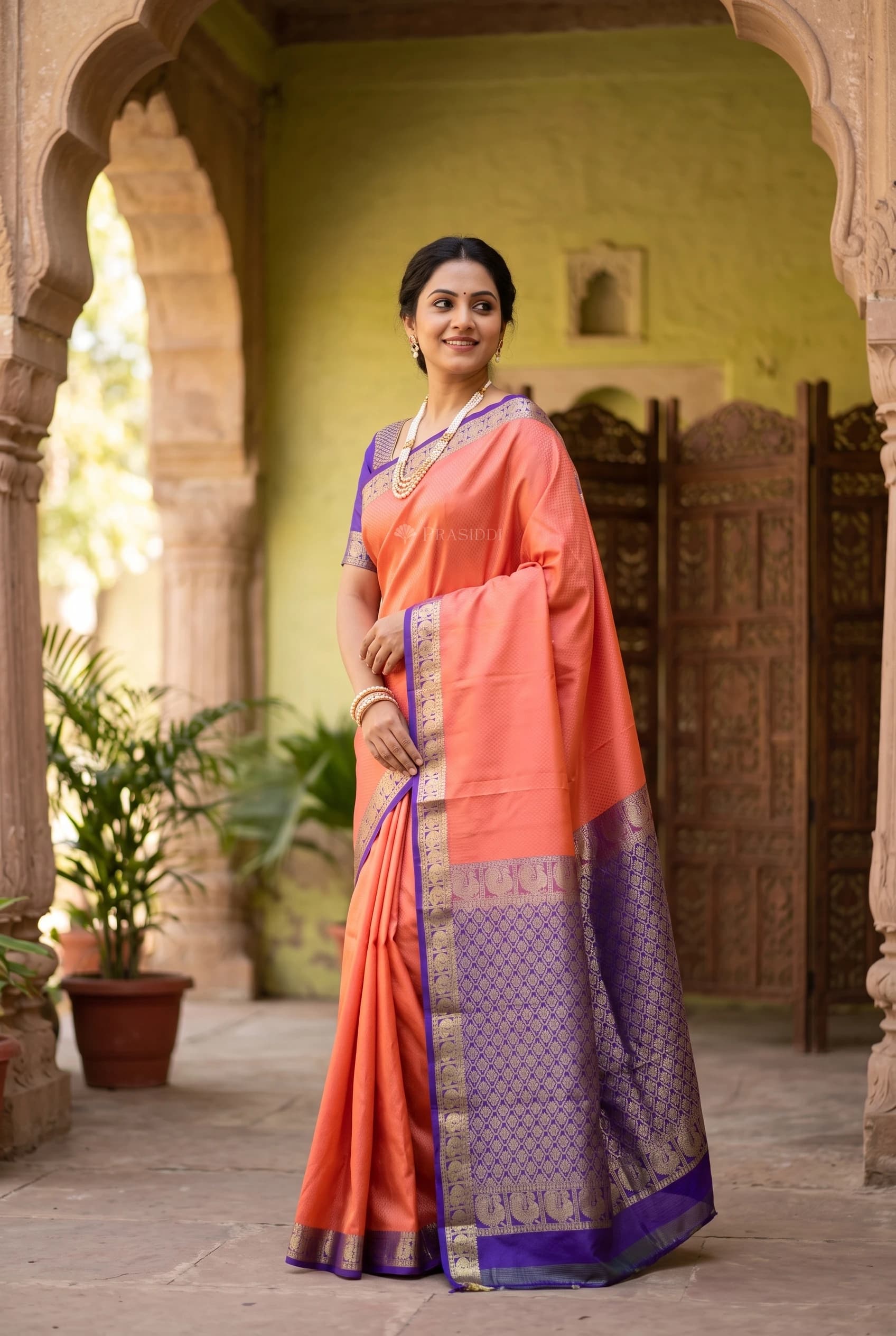 Orange and Sapphire Blue Traditional Silk Saree with Woven Zari Border and Pallu. – Model Displaying Full Saree