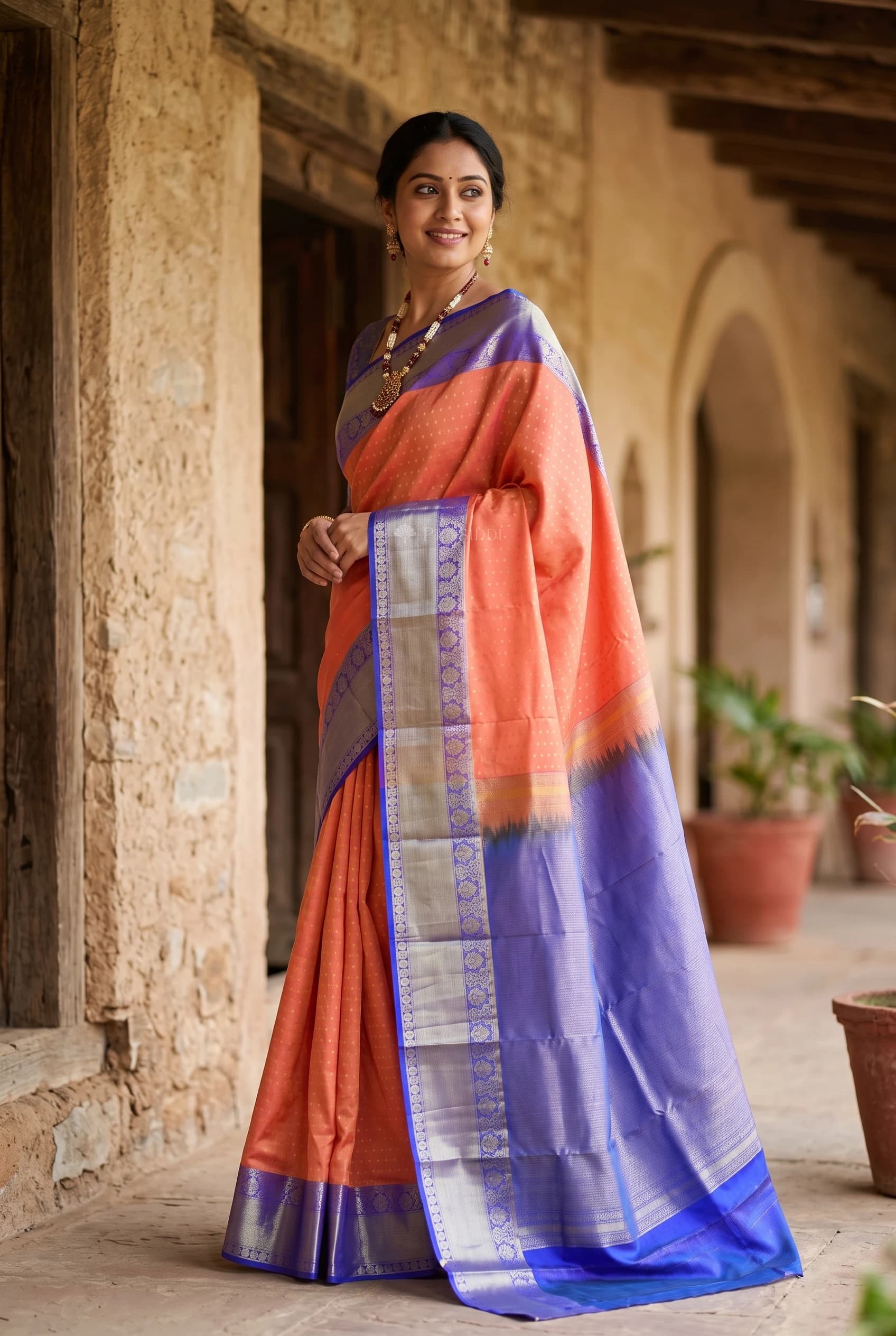 Orange and Ultra Violet Silk Saree with Contrast Woven Zari Border – Model Displaying Full Saree