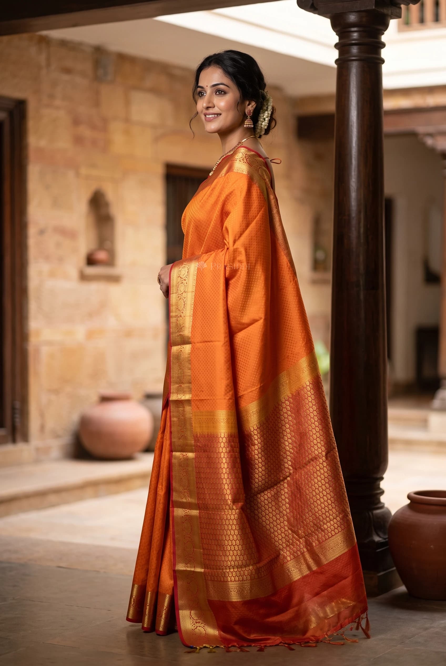 Orange Silk Saree with Oriangish Rust Classical Border and Grand Pallu – Model Displaying Full Saree
