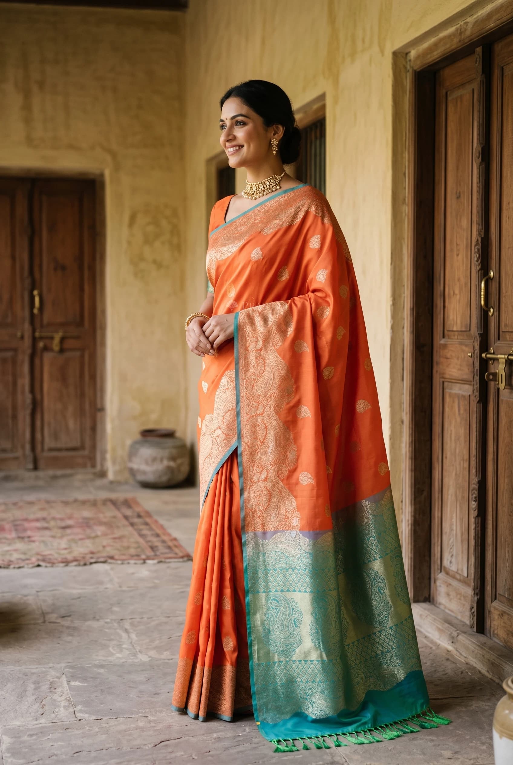 Orange & Teal Silk Saree with Woven Work and Traditional Motifs and designer border border – Model Displaying Full Saree
