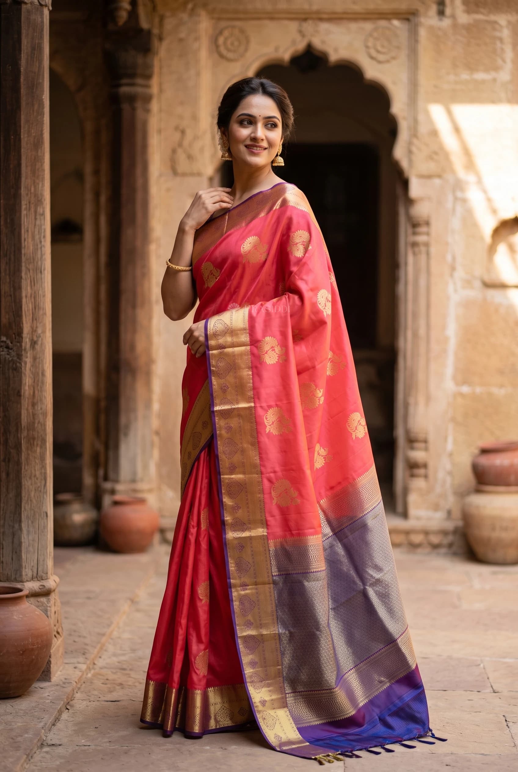 Orangish Rust and Purple Silk Saree with Woven Zari Border and Pallu – Model Displaying Full Saree