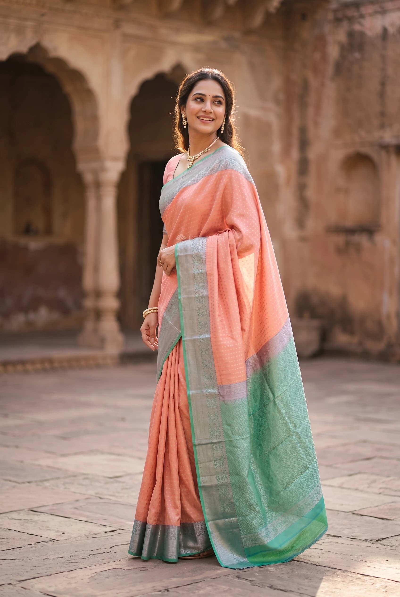 Peach and Teal Silk Saree with Butti Motif and Contrast Woven Zari Border. – Model Displaying Full Saree