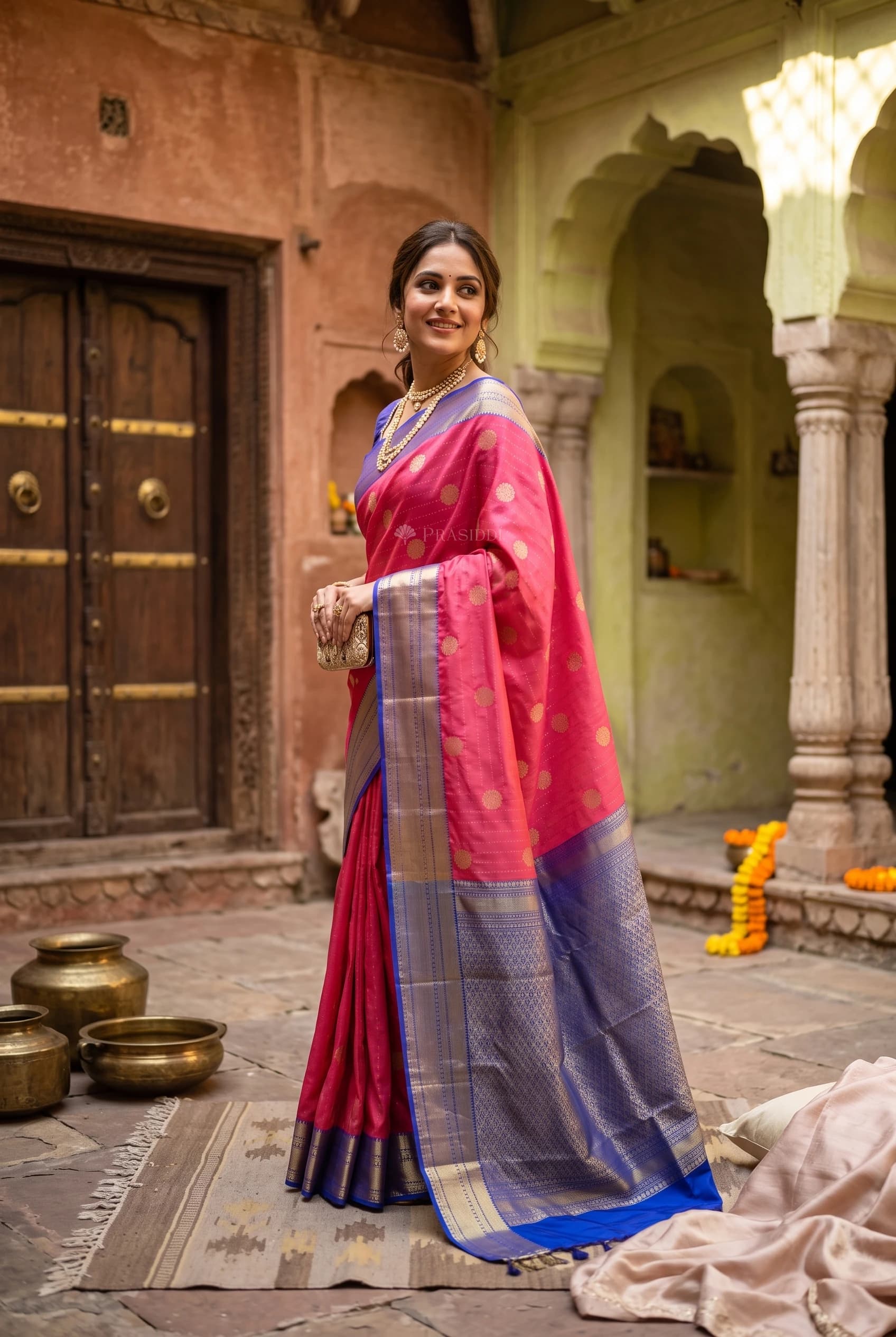 Pink and Ultra Violet Traditional Silk Saree with Contrast Woven Zari Border – Model Displaying Full Saree