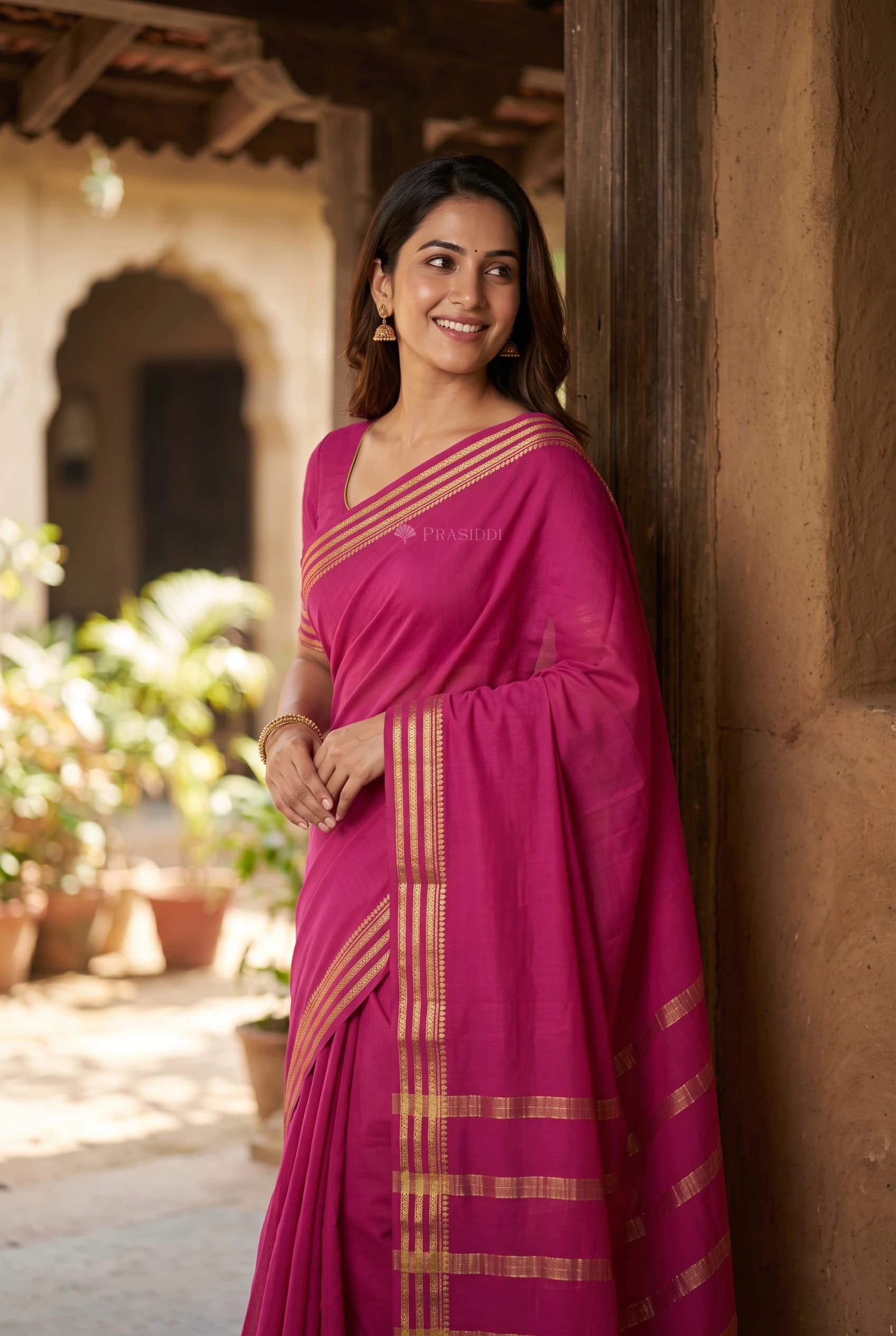 Pink Mysore Silk Saree with Classical Border and Woven Design – Model Displaying Full Saree