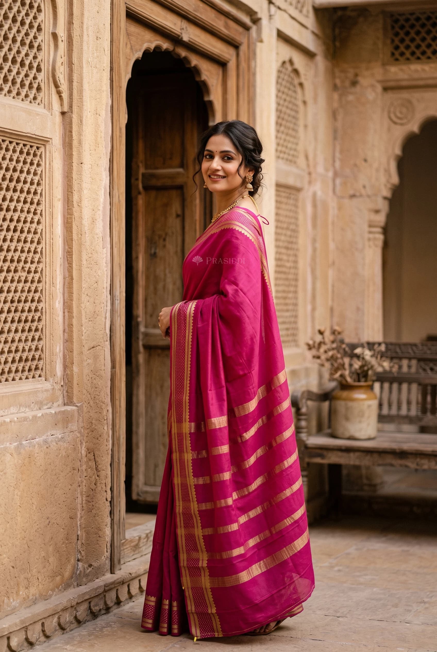 Pink Mysore Silk Saree with Classical Border and Woven Design. – Model Displaying Full Saree