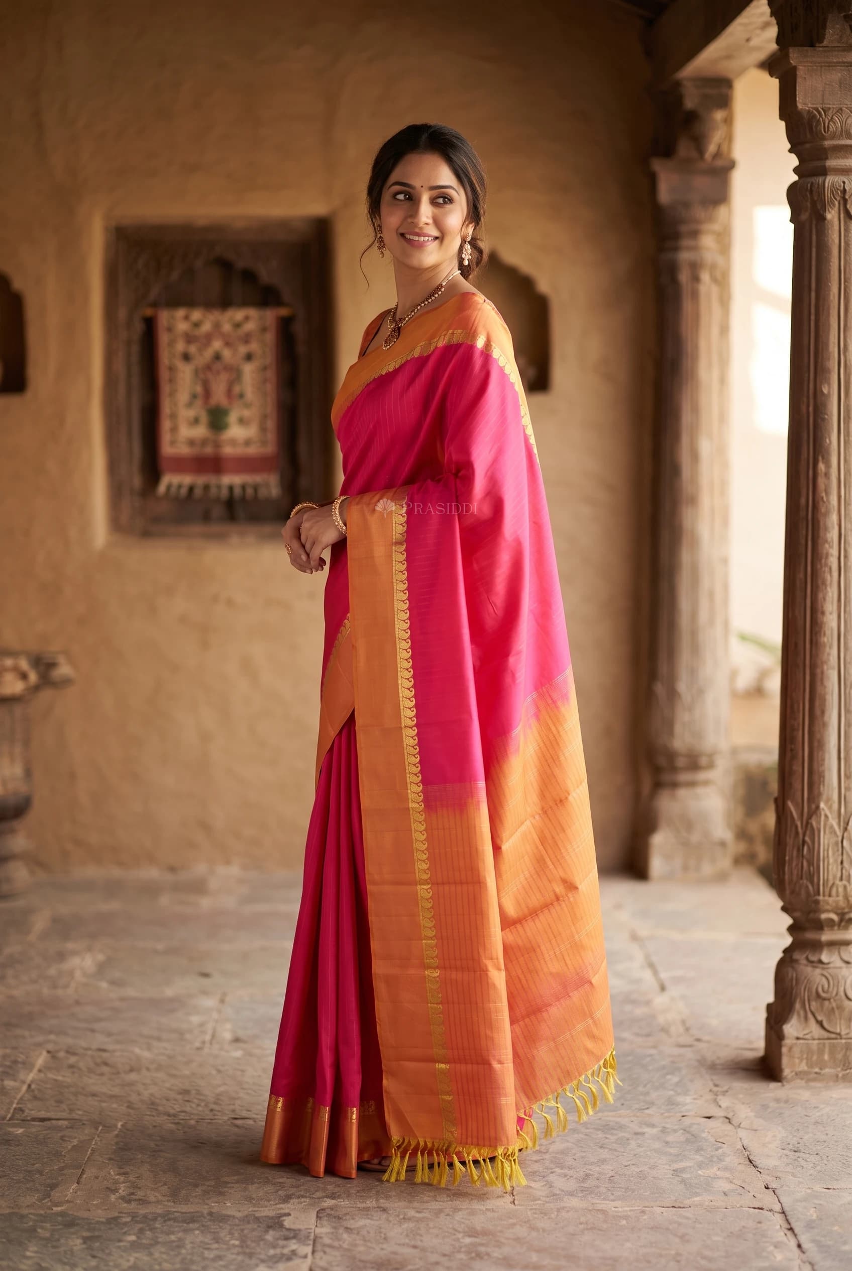 Pink & Orangish Pink Silk Saree with Woven Work and Contrast Border – Model Displaying Full Saree