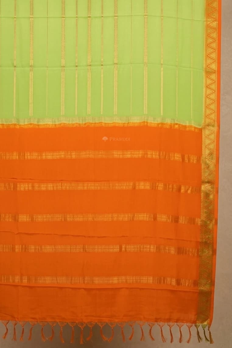 Pistachio Green and Orange Mysore Silk Saree with Contrast Border and Woven Design. – Display Image