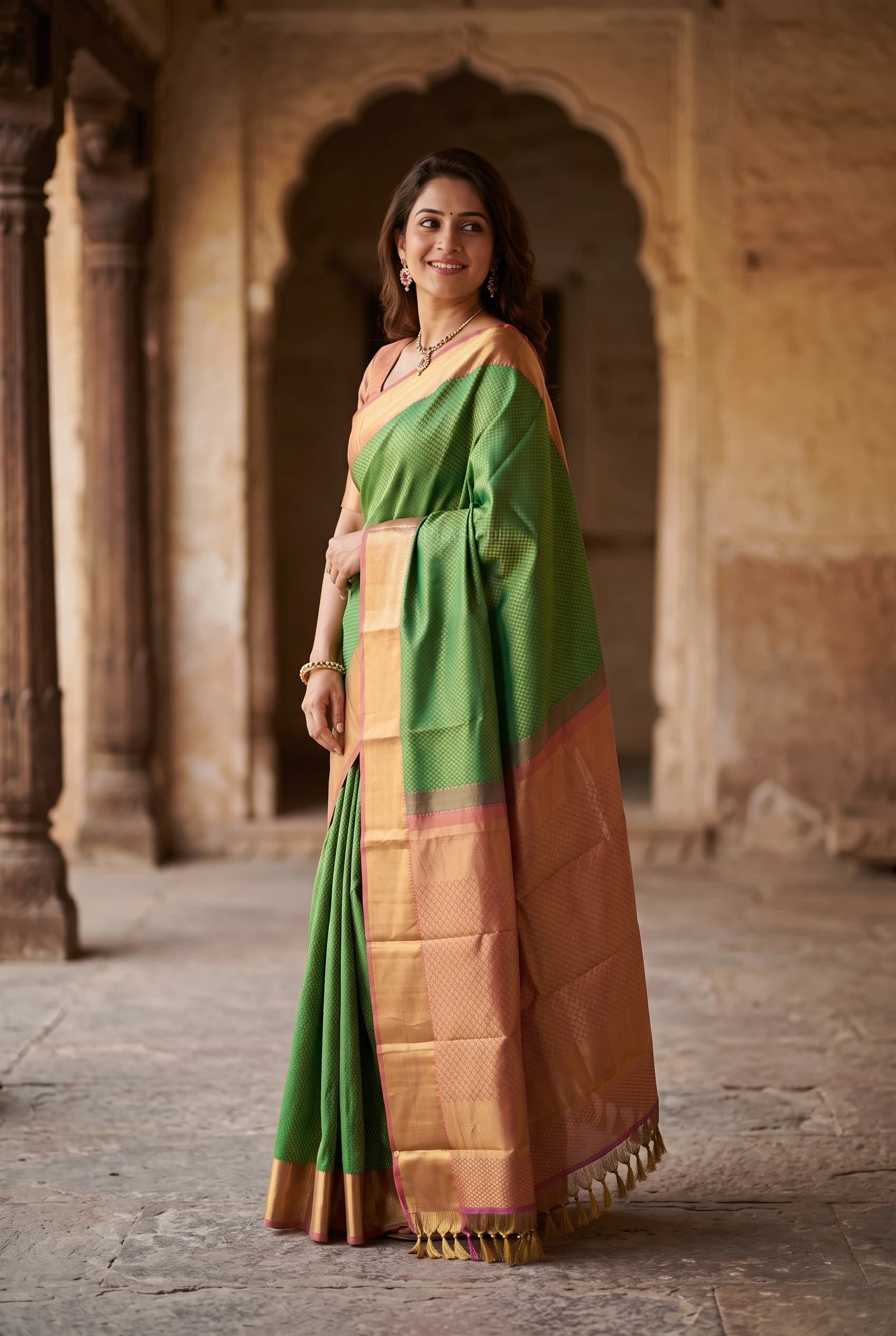 Pistachio Green and Tan Silk Saree with Contrast Woven Zari Border – Model Displaying Full Saree