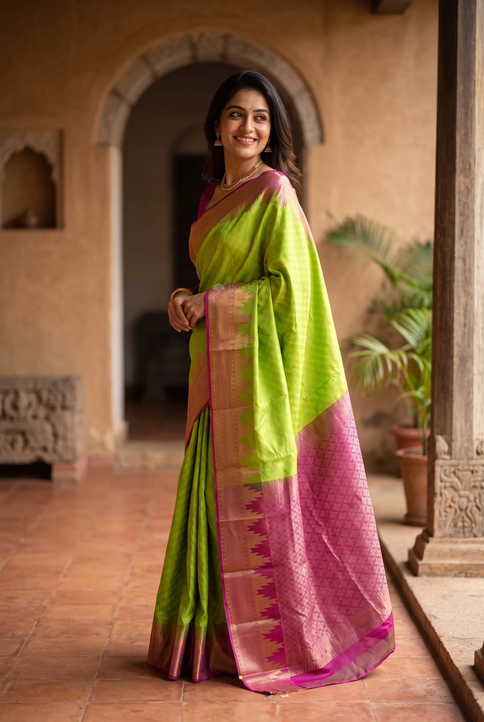 Pistachio Green Silk Saree with Rani Pink Woven Zari Border and Grand Pallu. – Model Displaying Full Saree