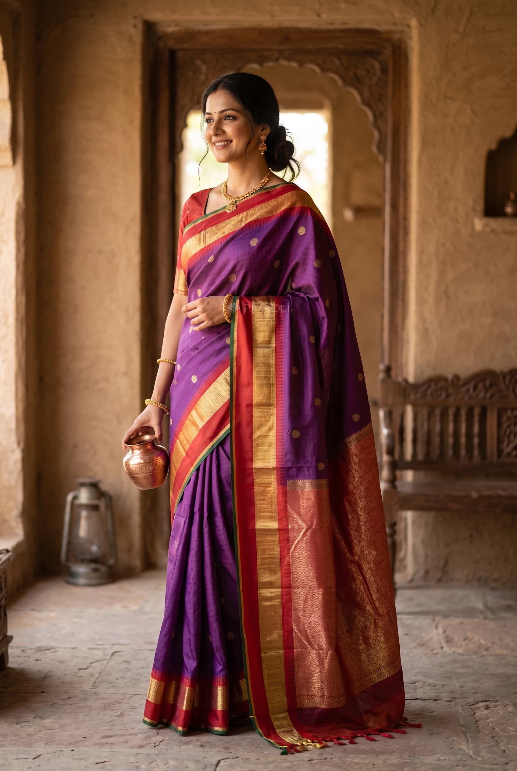 Purple and Maroon Contrast Border Silk Saree with a Grand Pallu and Woven Design. – Model Displaying Full Saree
