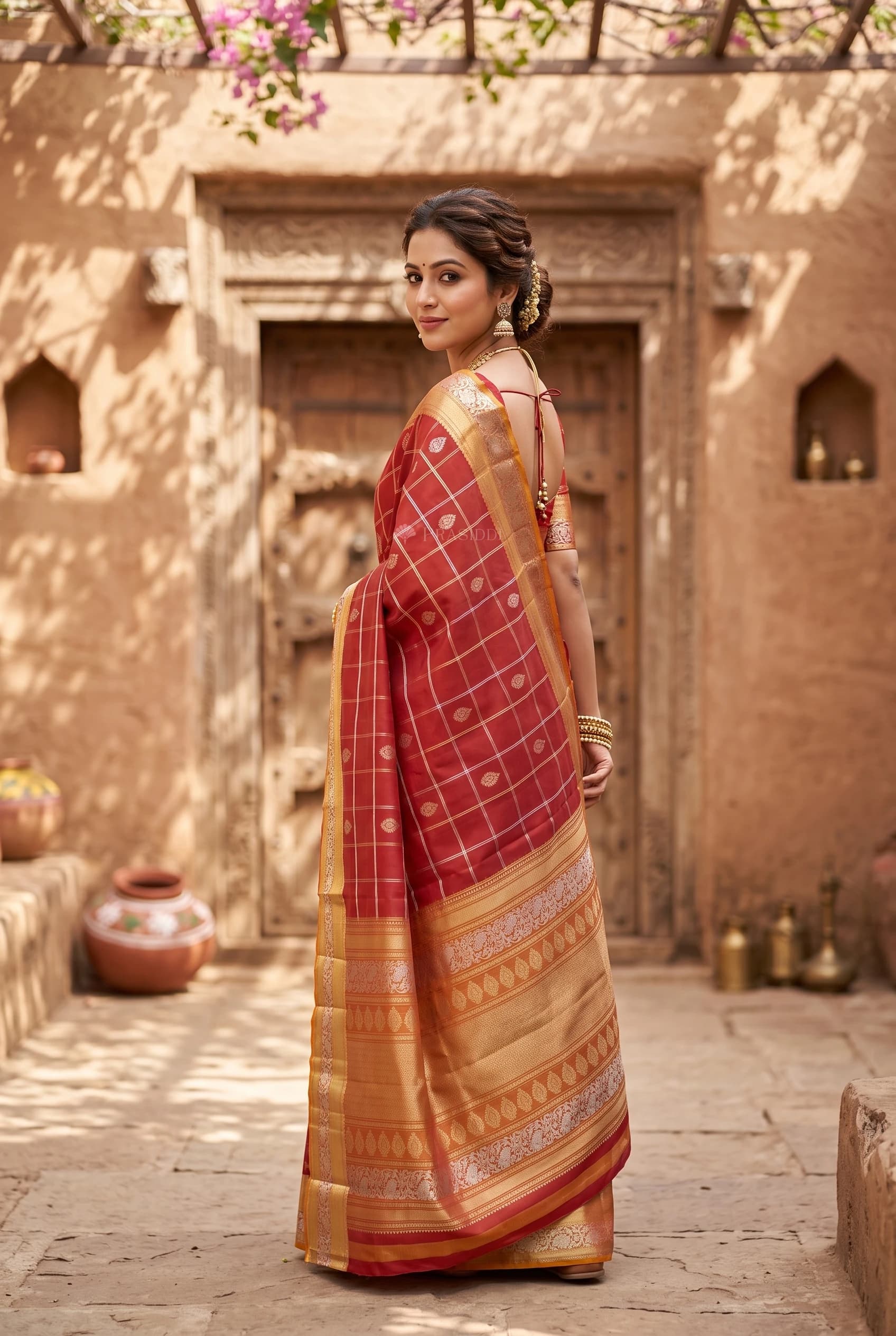 Red and Turmeric Traditional Silk Saree with Contrast Woven Zari Border and Pallu. – Model Displaying Full Saree