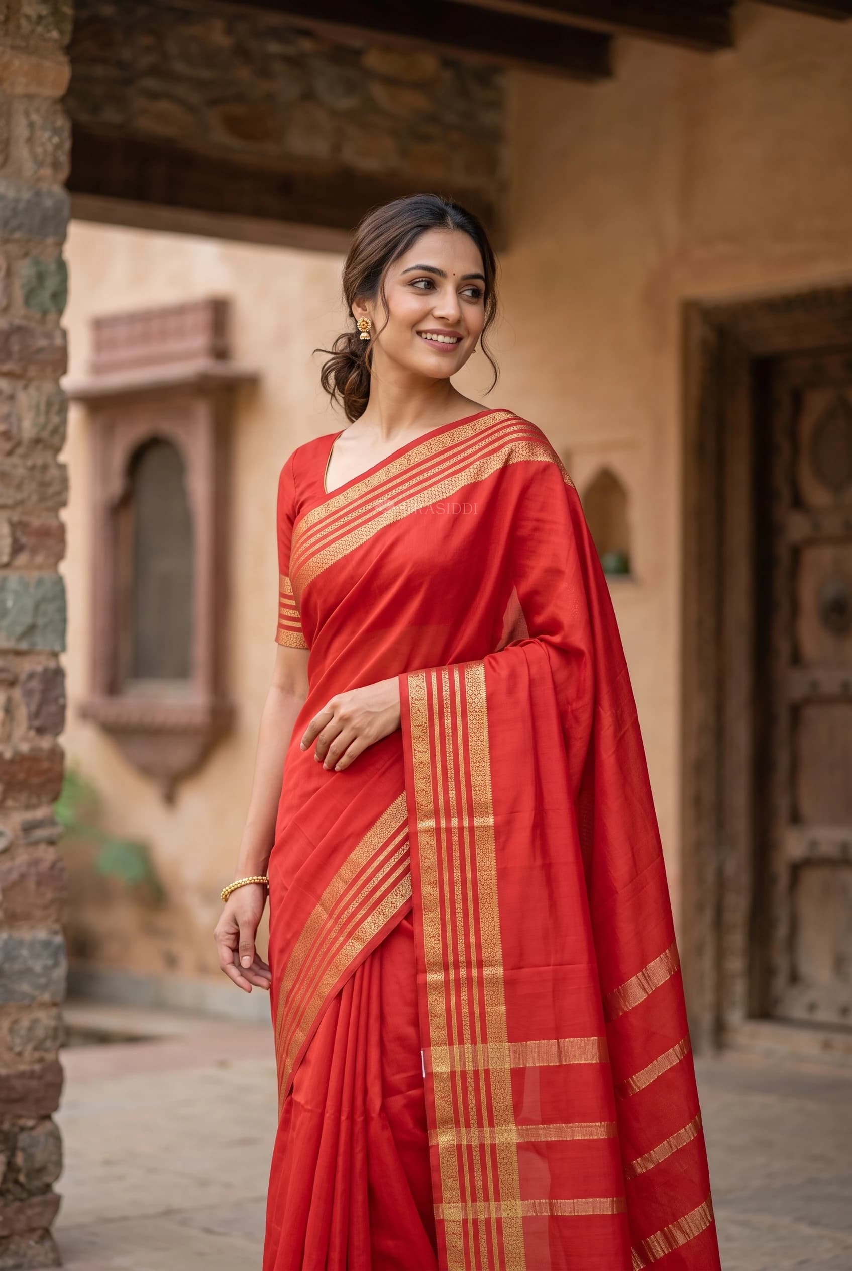 Red Mysore Silk Saree with Classical Border, Showcasing Woven Design. – Model Displaying Full Saree