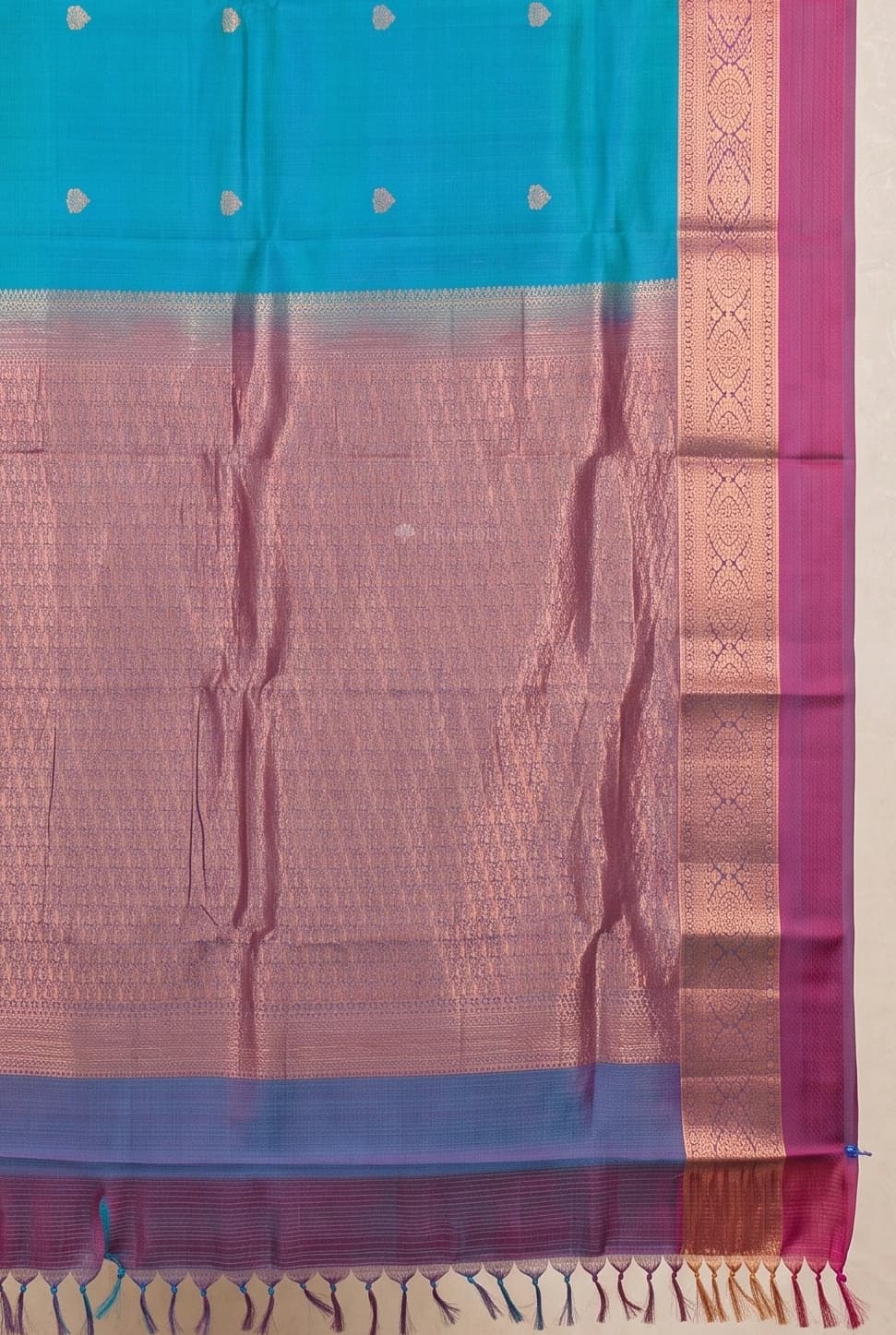 Royal Blue and Plum Silk Saree with Contrast Border and Designer Motif – Display Image