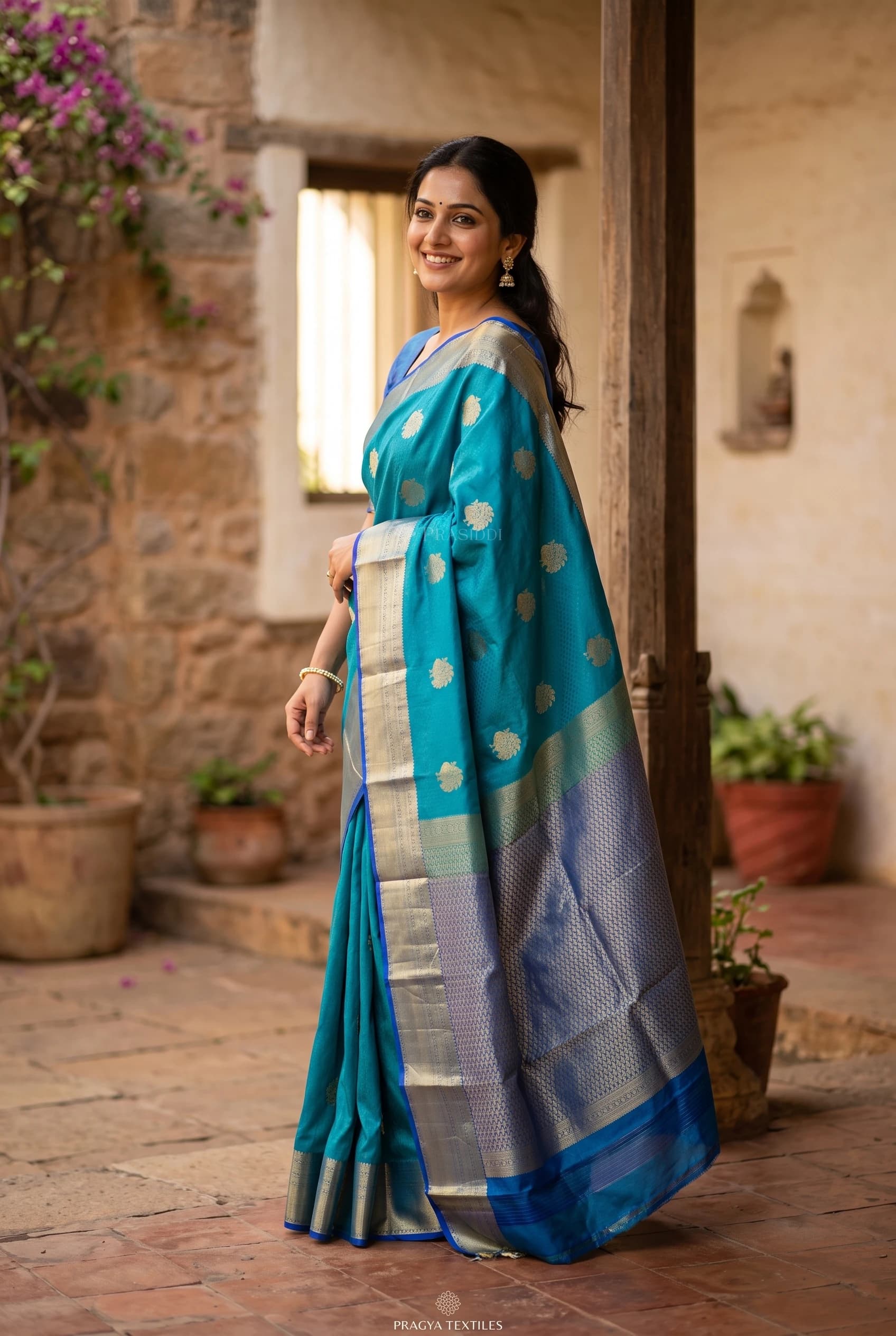 Slate Blue Silk Saree with a Classical Border Design – Model Displaying Full Saree