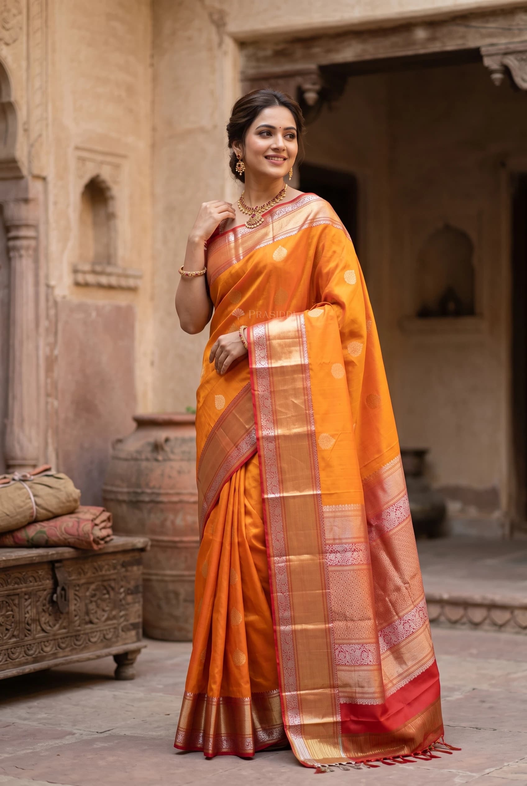 Tangerine and Red Silk Saree with Contrast Woven Zari Border and Grand Pallu. – Model Displaying Full Saree