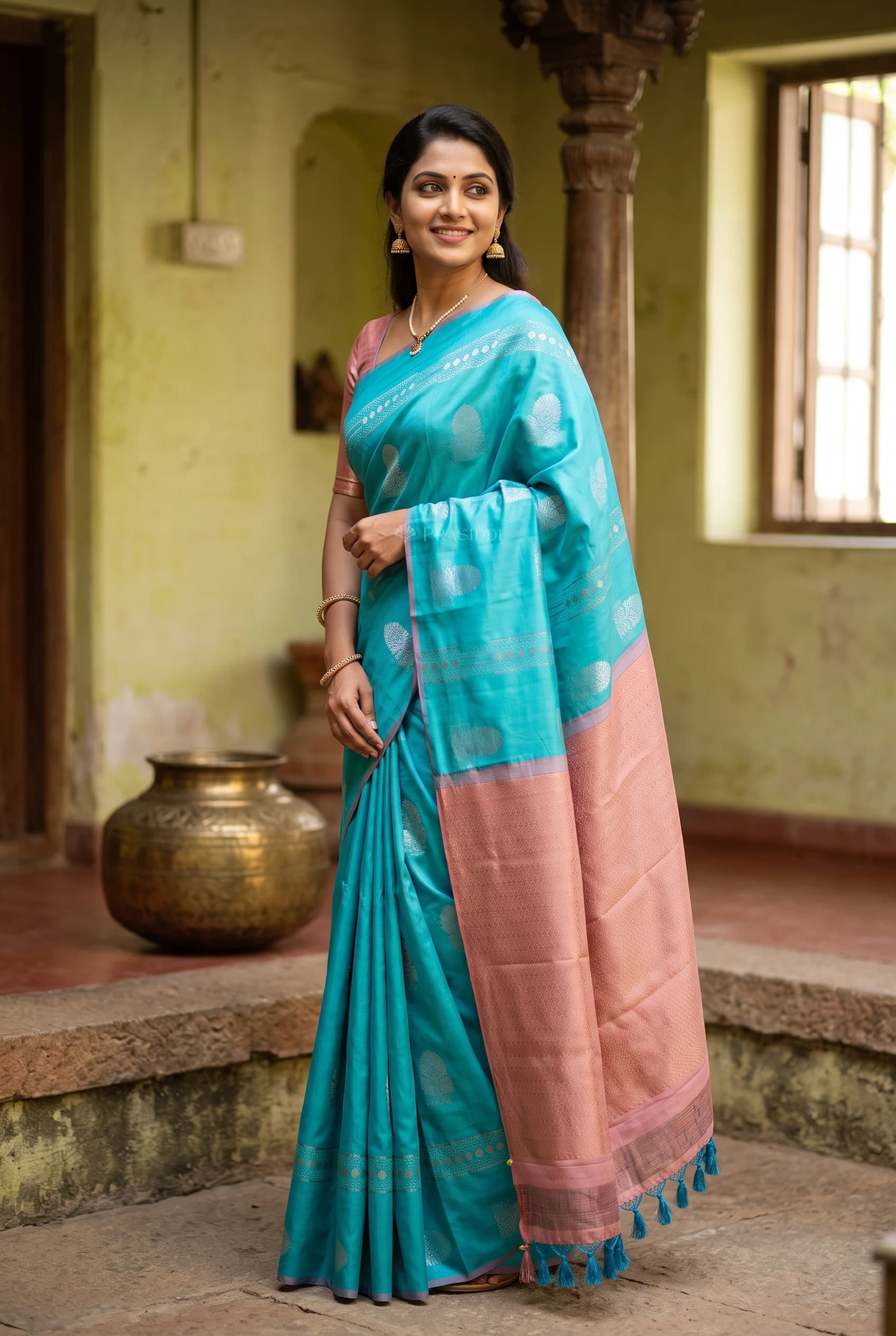 Turquoise and Onion Pink Designer Silk Saree with Woven Motif. – Model Displaying Full Saree