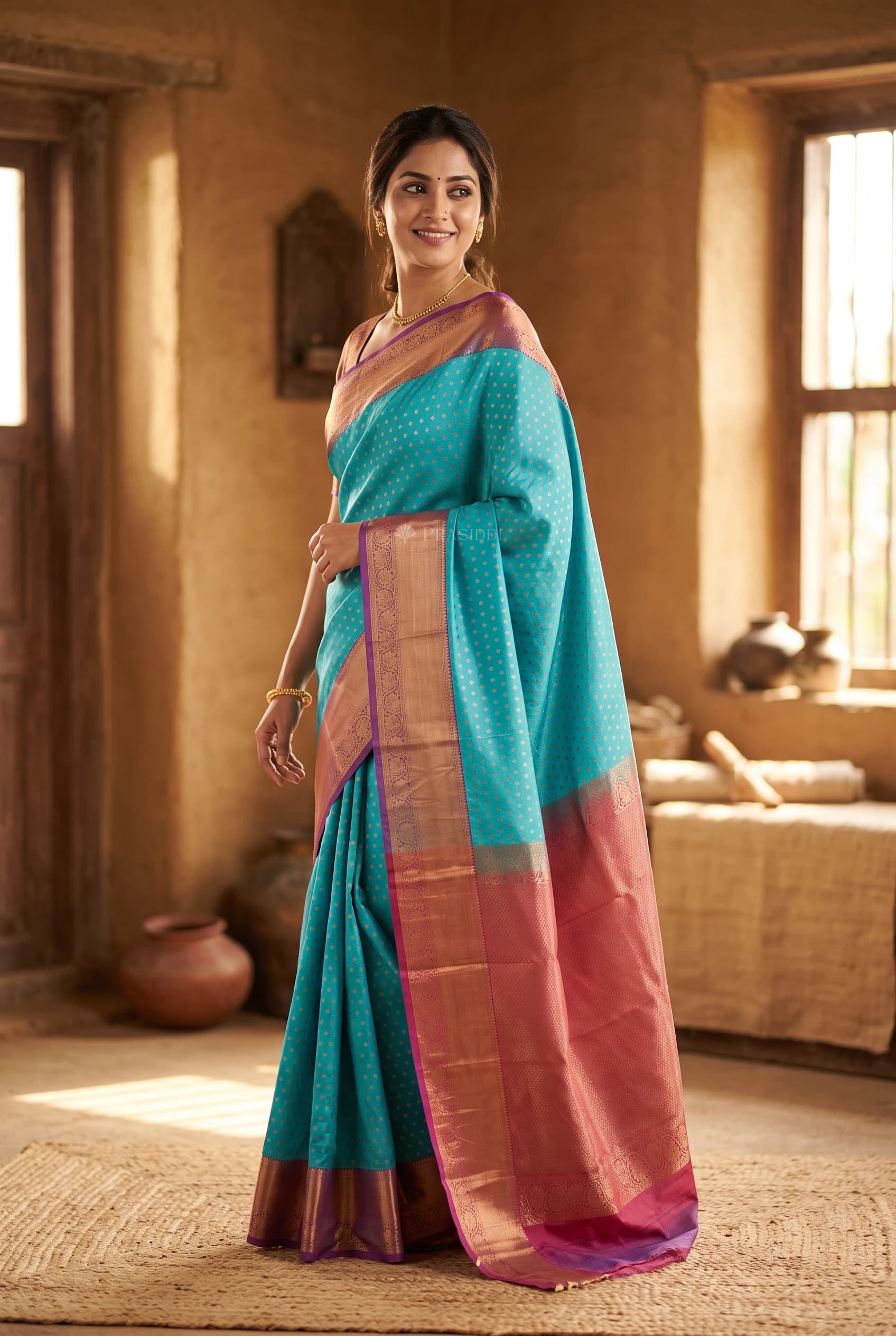 Turquoise and Pink Silk Saree with Contrast Woven Zari Border and Grand Pallu. – Model Displaying Full Saree