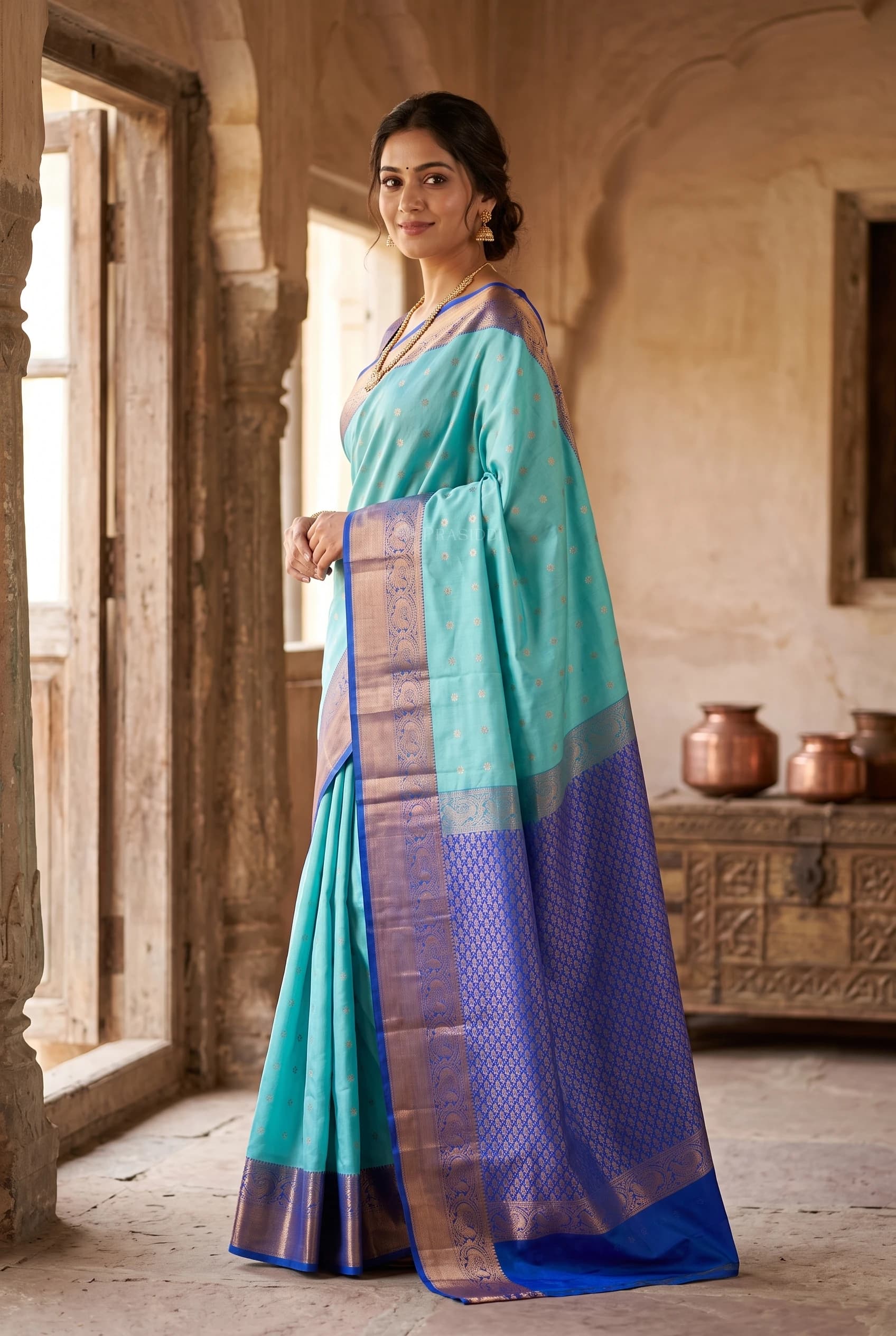 Turquoise and Ultra Violet Silk Saree with Contrast Woven Zari Border. – Model Displaying Full Saree