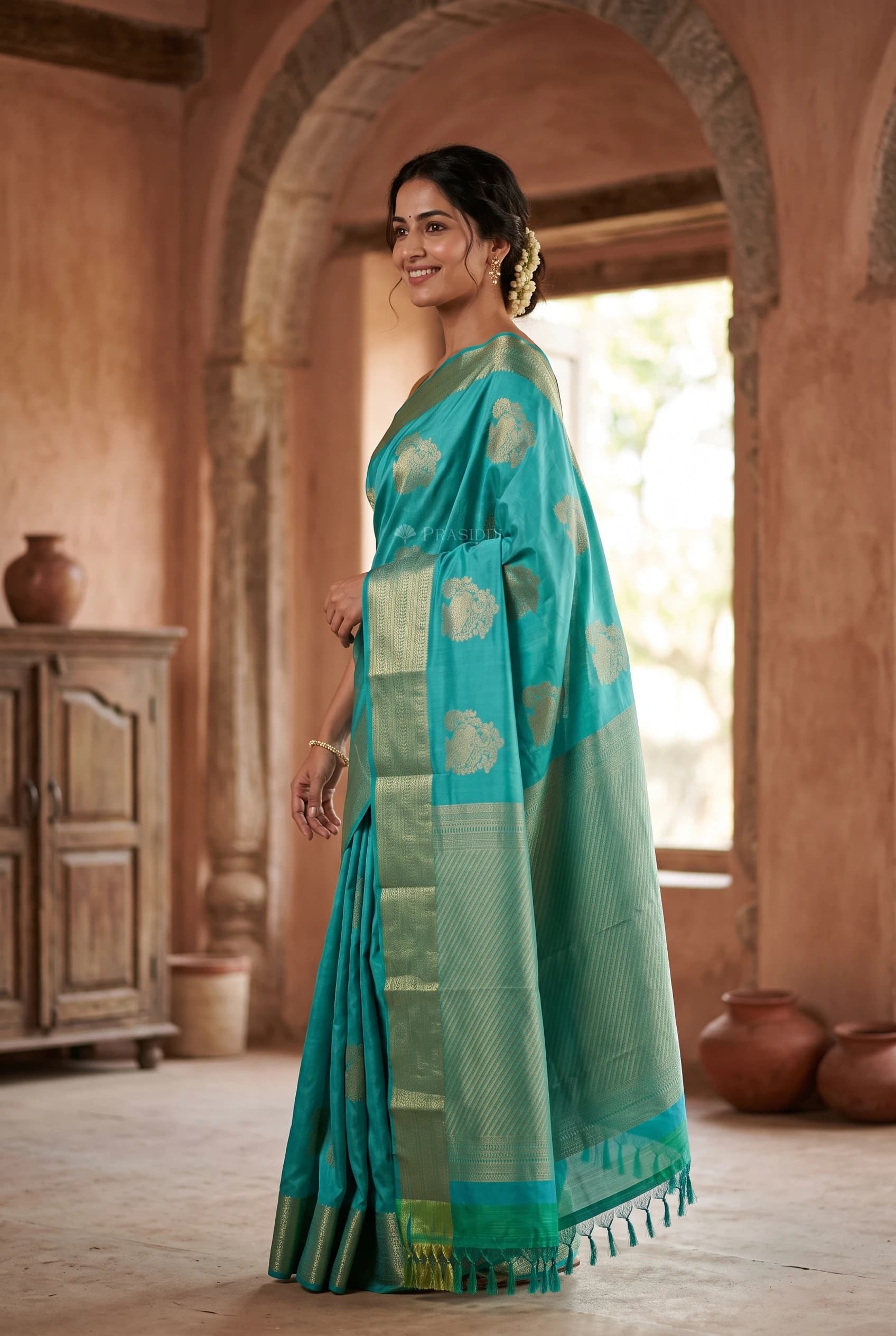 Turquoise Silk Saree Featuring a Contrast Border and Woven Design. – Model Displaying Full Saree