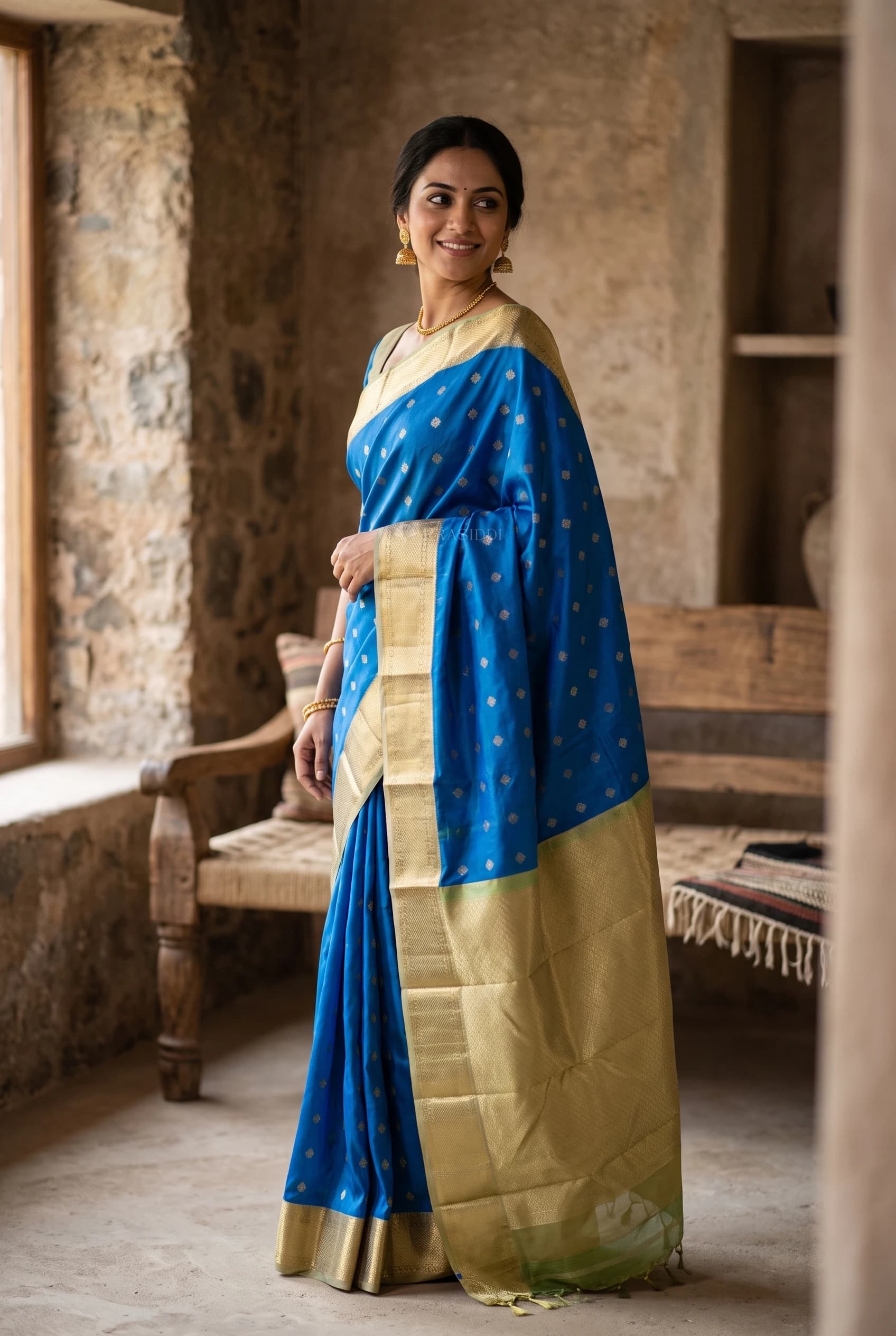 Blue & Mutted Olive Color Silk Saree with Woven Work and Traditional Motifs and classical border border – Model Displaying Full Saree