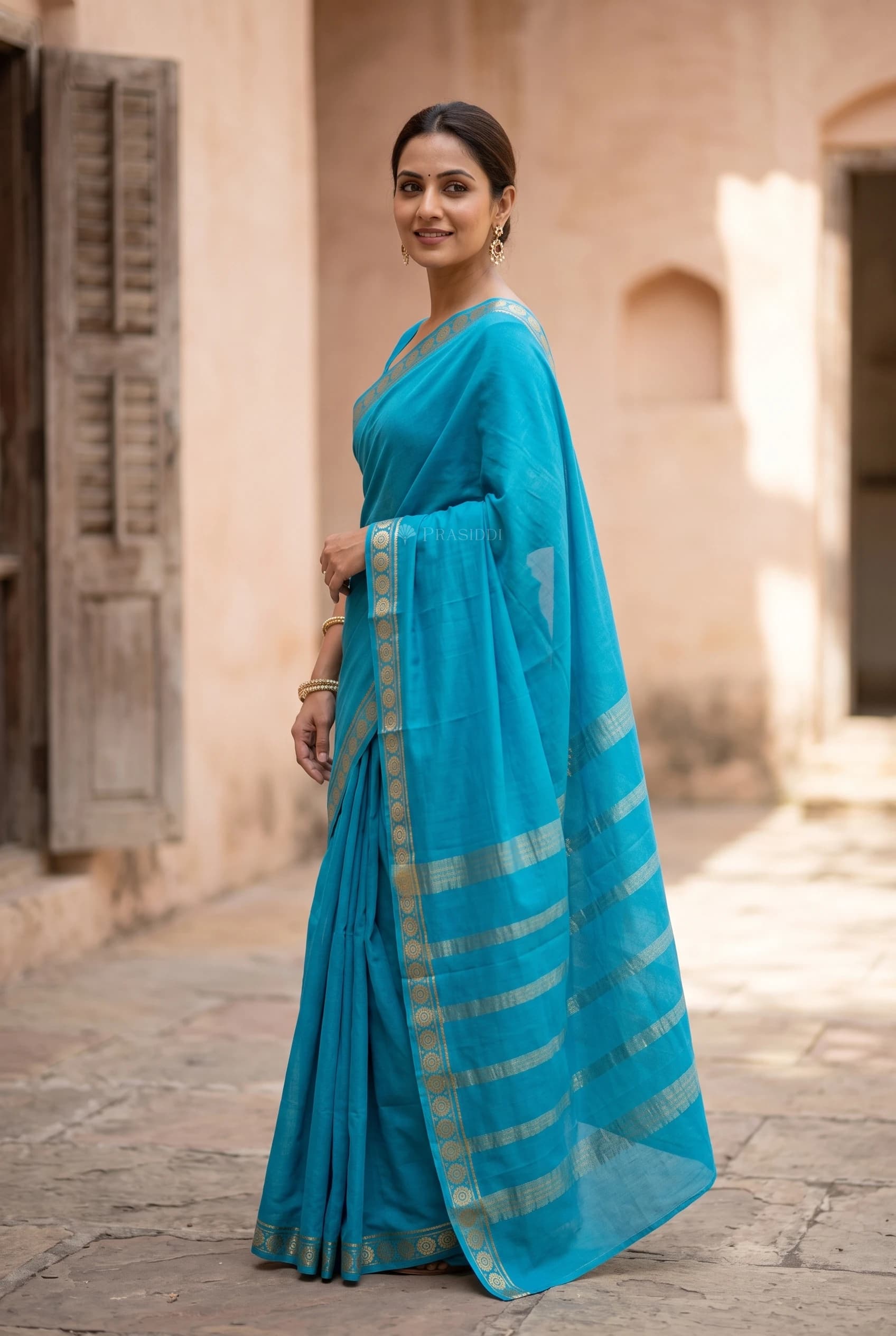 Blue Mysore Silk Saree with Woven Work and Minimal Border – Model Displaying Full Saree
