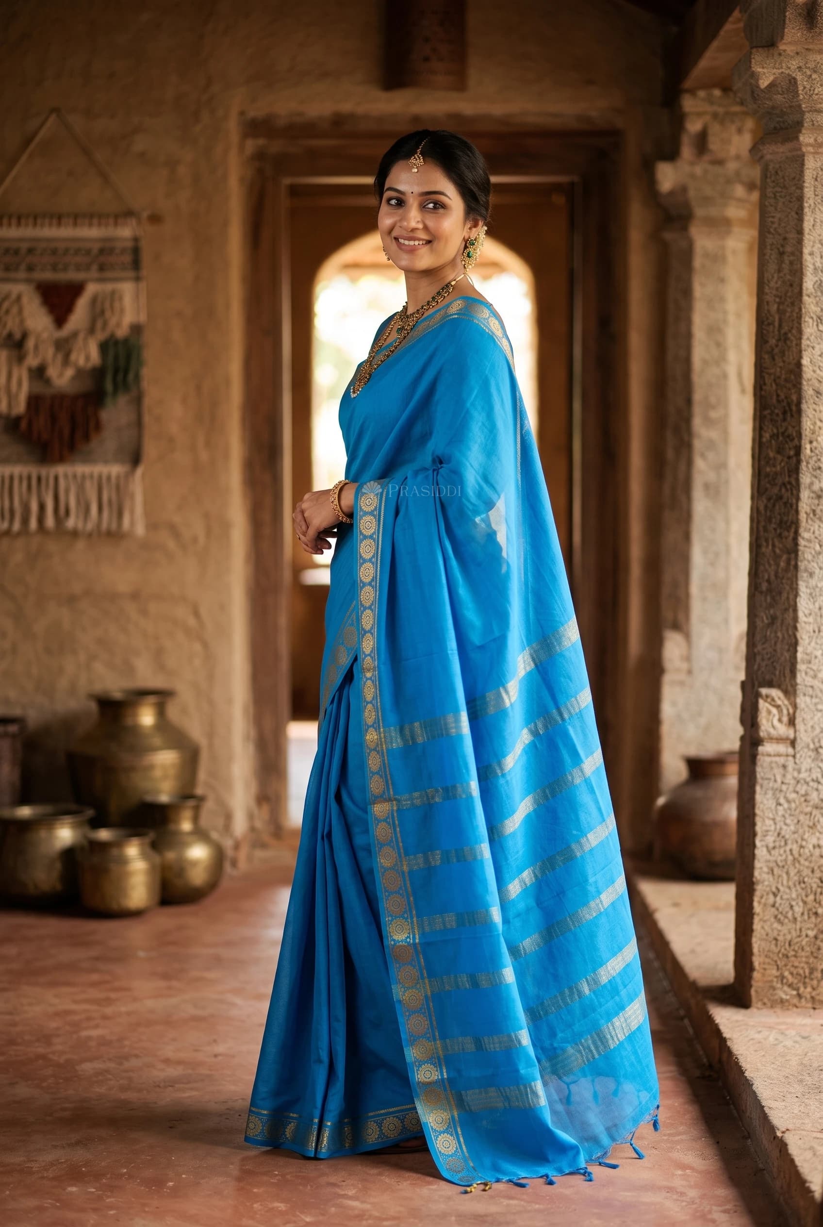 Blue Mysore Silk Saree with Woven Work and Minimal Border – Model Displaying Full Saree