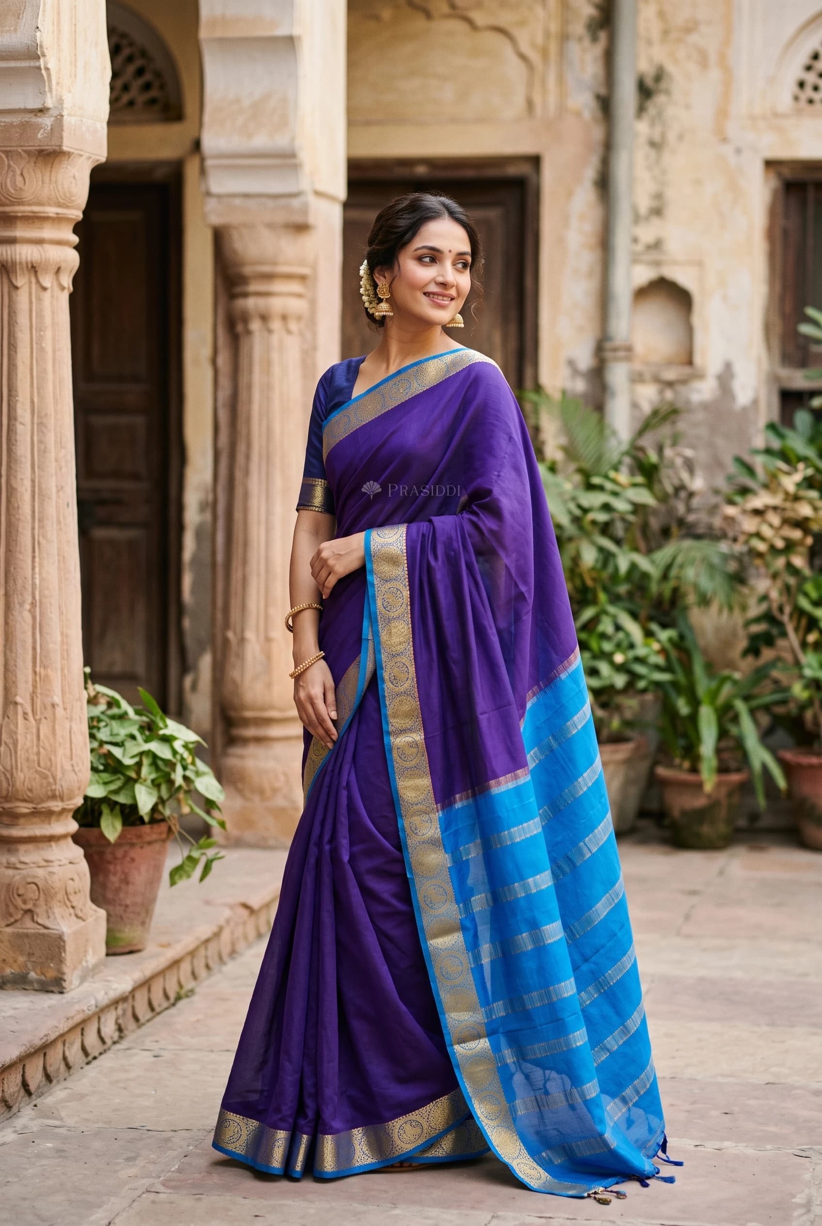 Blue Royal Blue Mysore Silk Saree with Designer Border and Woven Details. – Model Displaying Full Saree