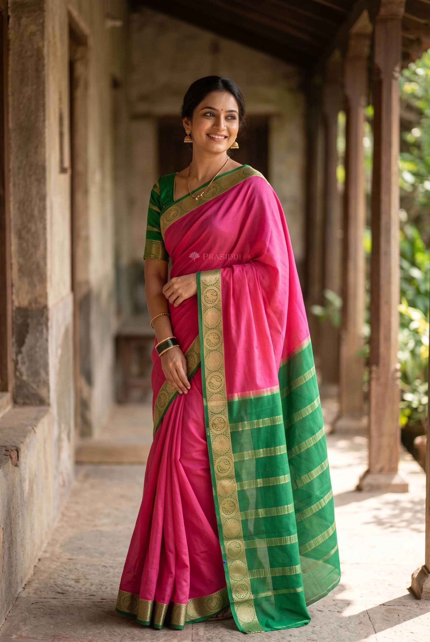 Blush Pink Mysore Silk Saree with Green Contrast Border Displayed on a Mannequin. – Model Displaying Full Saree