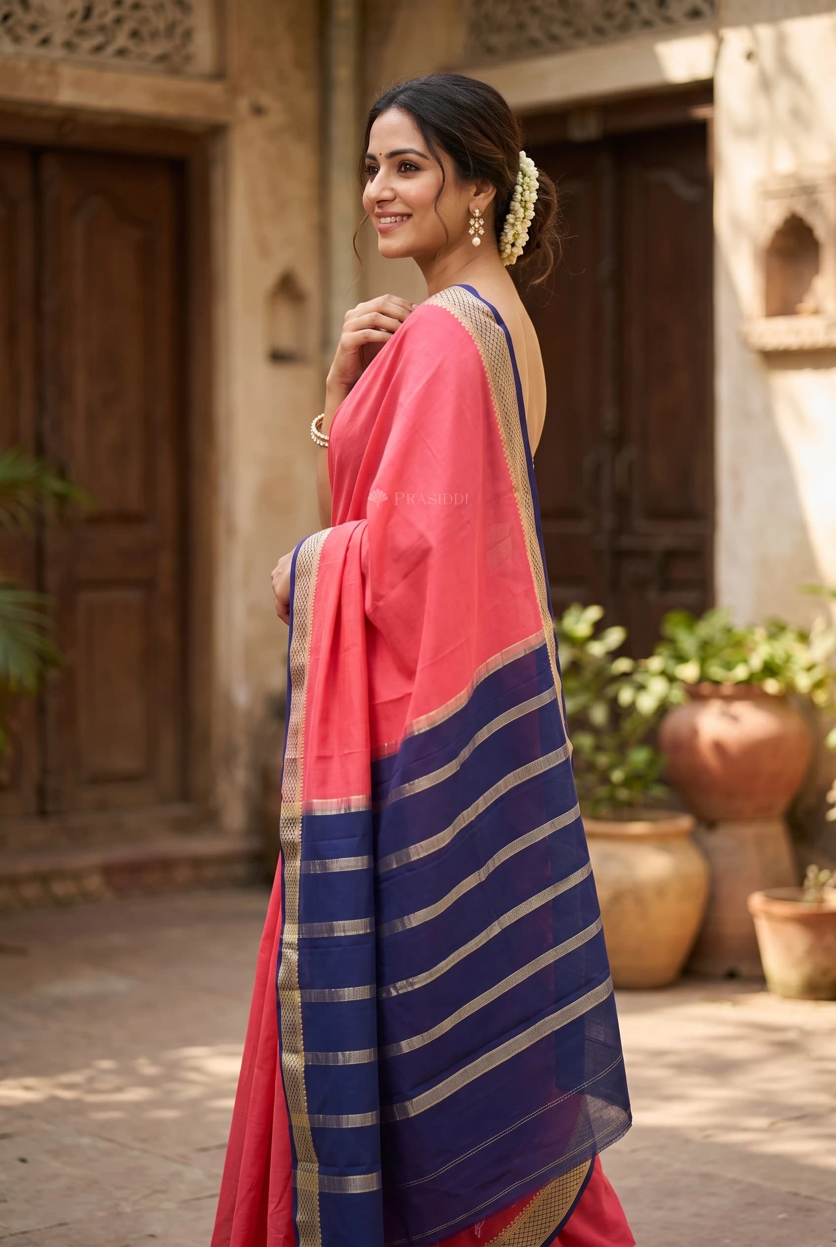 Blush Pink Mysore Silk Saree with Royal Blue Contrast Border Displayed Elegantly. – Model Displaying Full Saree