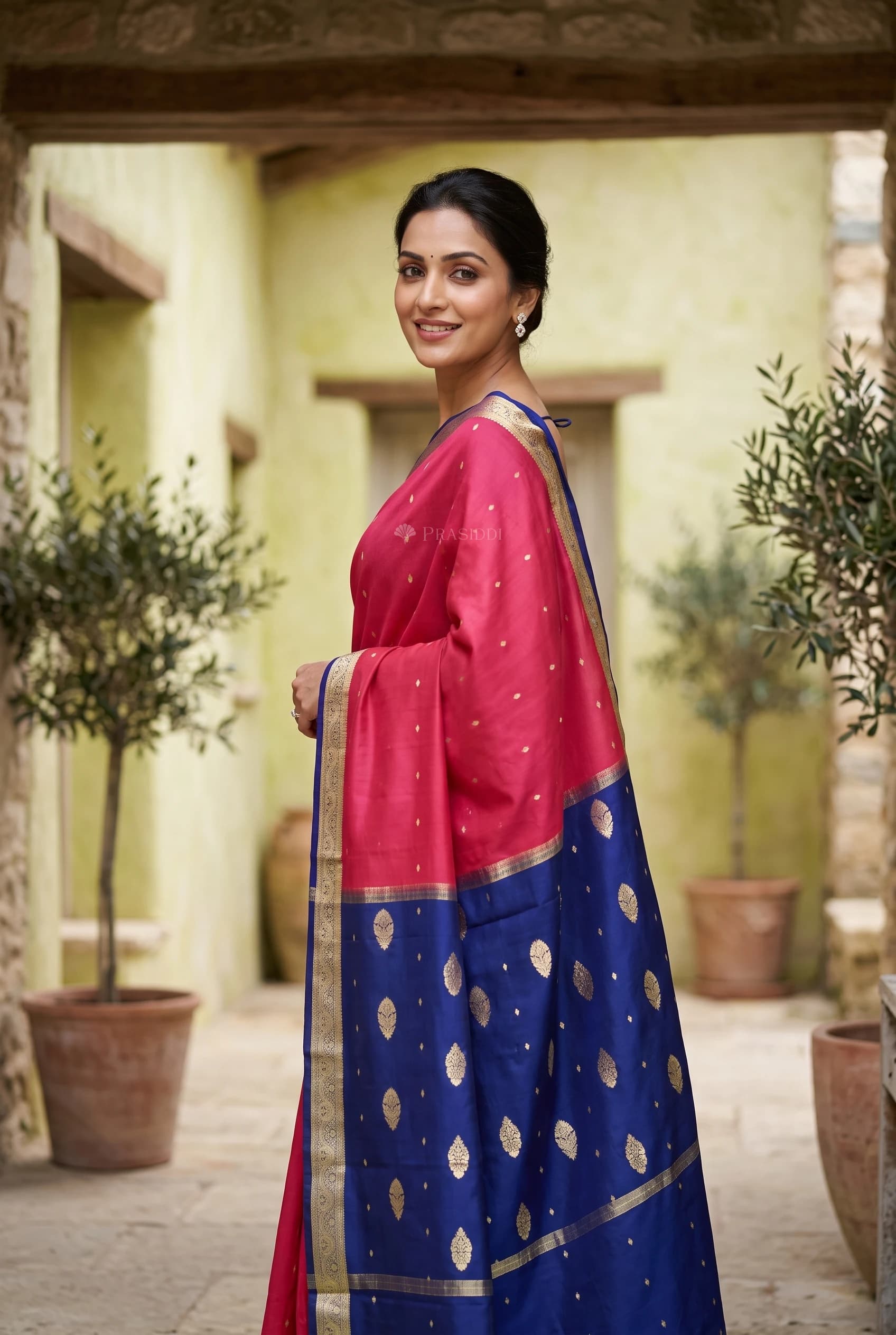 Blush Pink & Royal Blue Mysore Silk Saree with Woven Work and Traditional Motifs and classical border, minimal border border – Model Displaying Full Saree