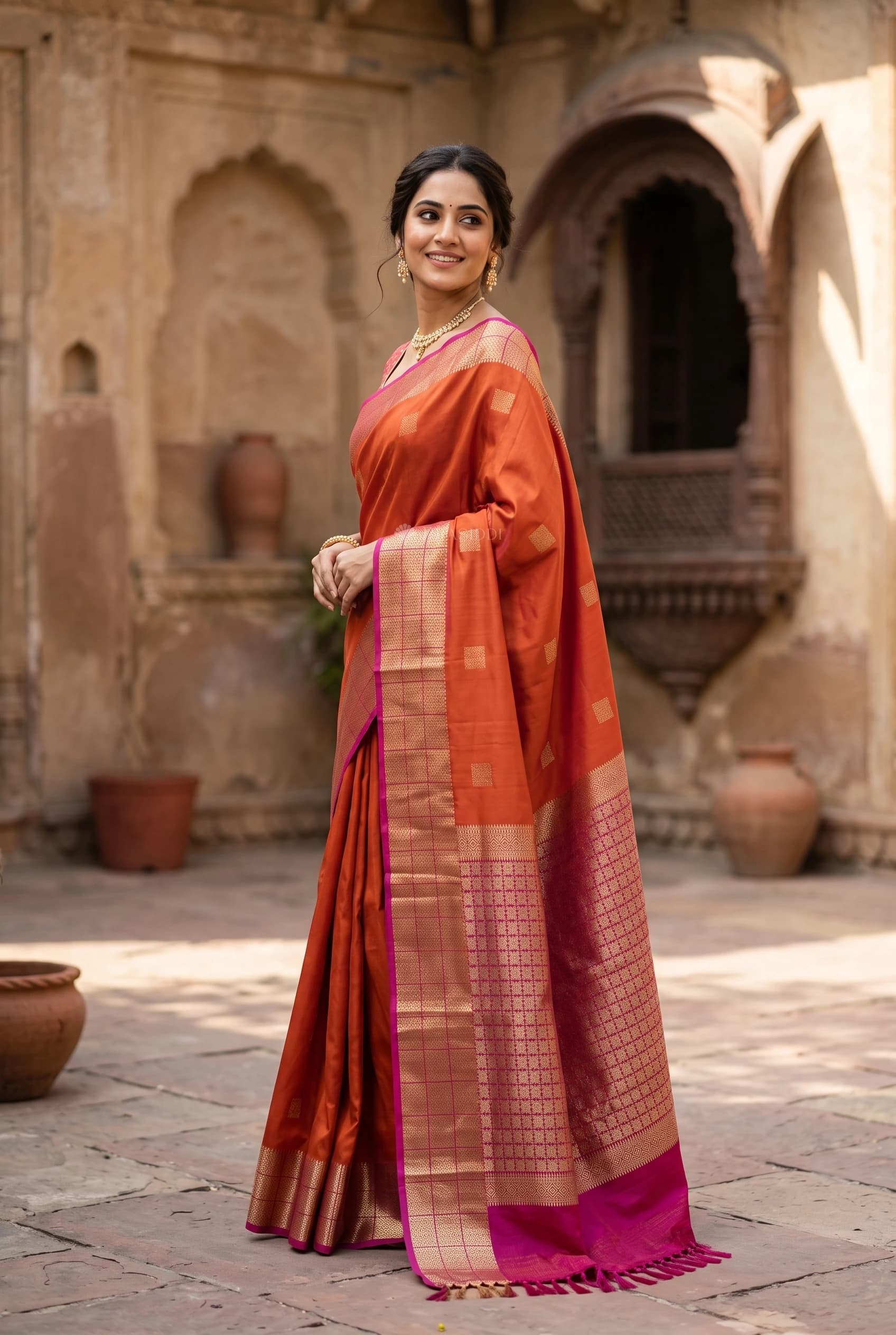 Burnt Orange Silk Saree with Pink Contrast Border and Traditional Woven Motifs. – Model Displaying Full Saree