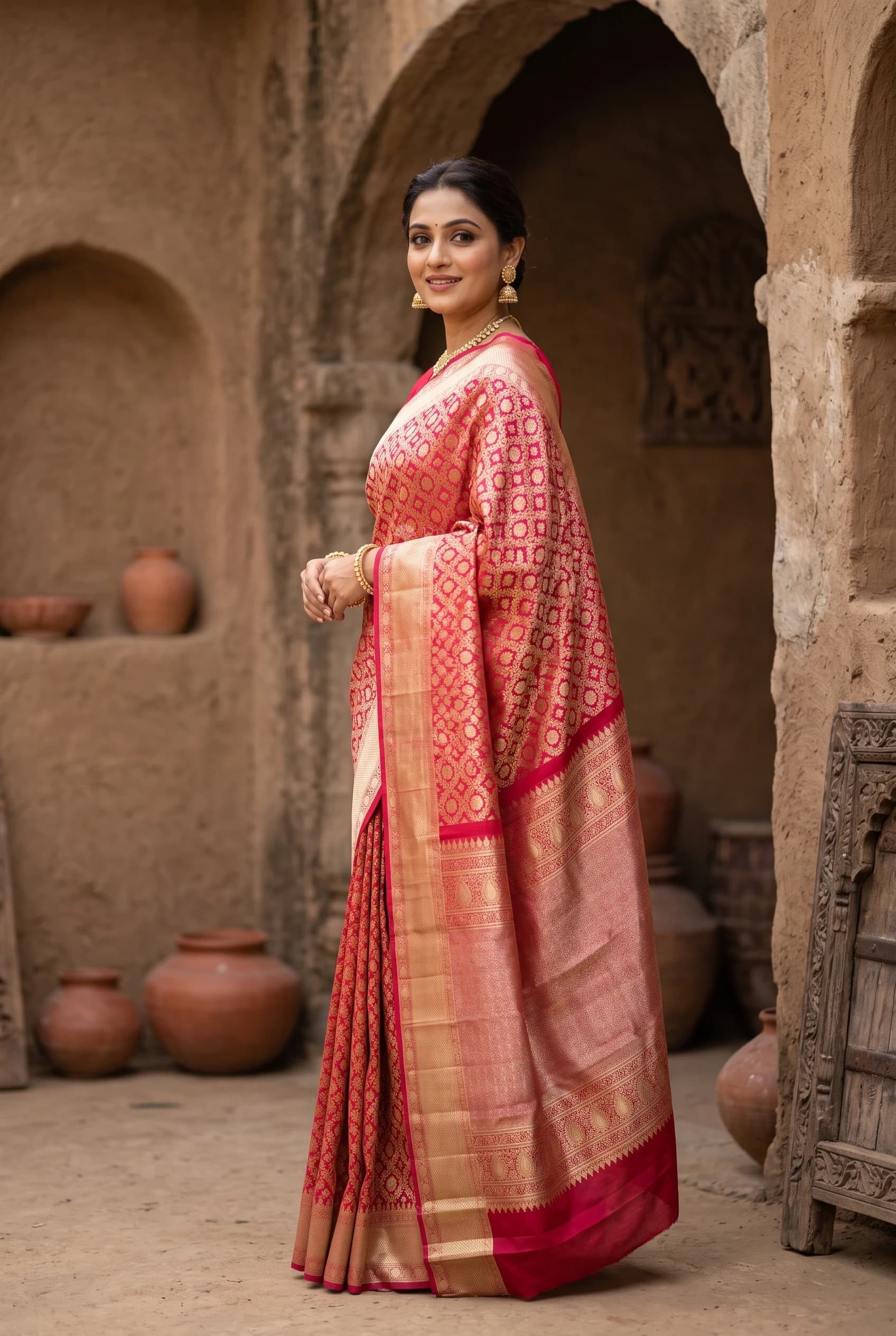 Crimson Traditional Silk Saree with Woven Motifs and a Decorative Border. – Model Displaying Full Saree