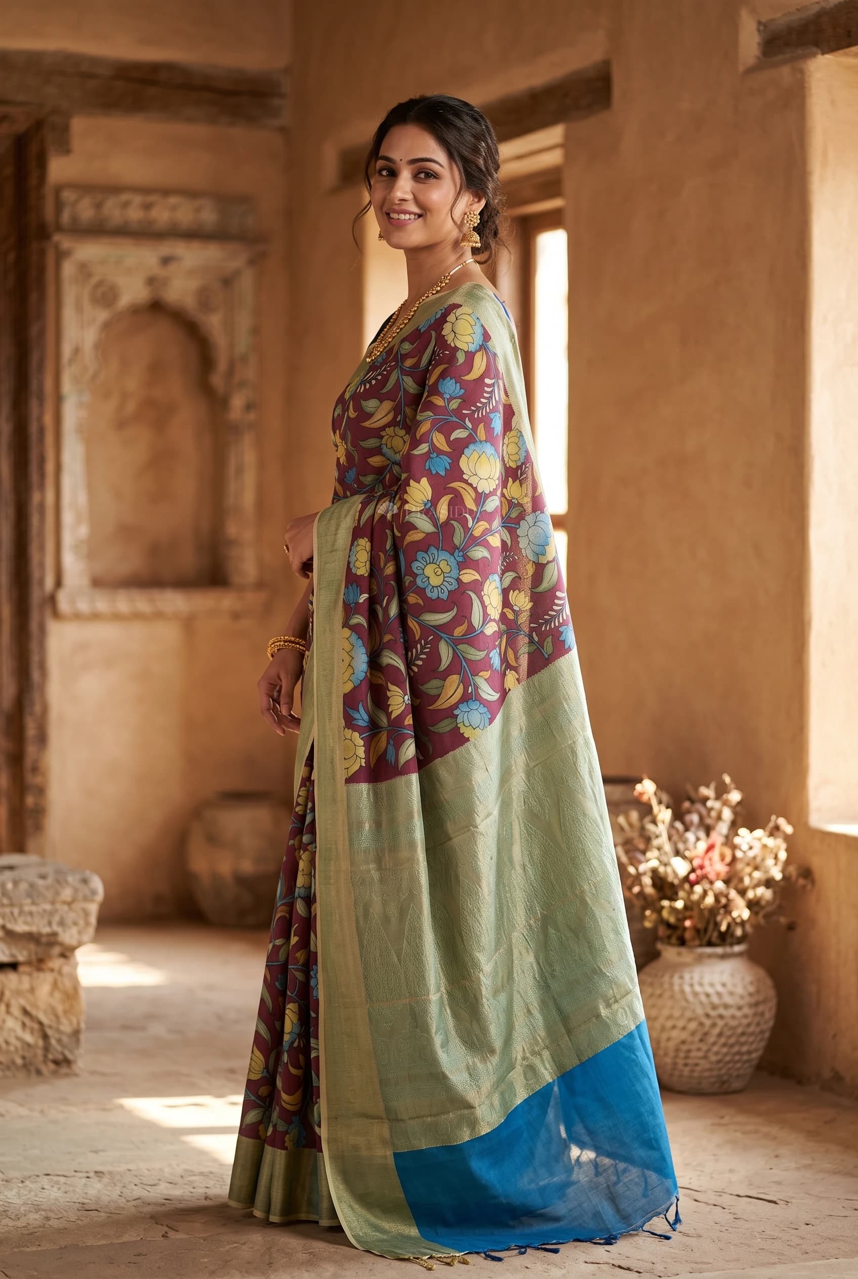 Dark Brown and Sky Blue Embroidered Tussar Silk Saree with Contrast Border – Model Displaying Full Saree